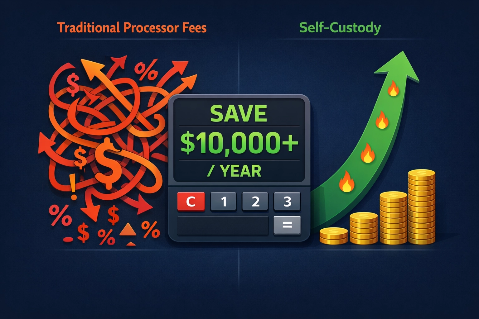 Fee comparison showing centralized processor costs versus self-custody crypto POS savings for merchants