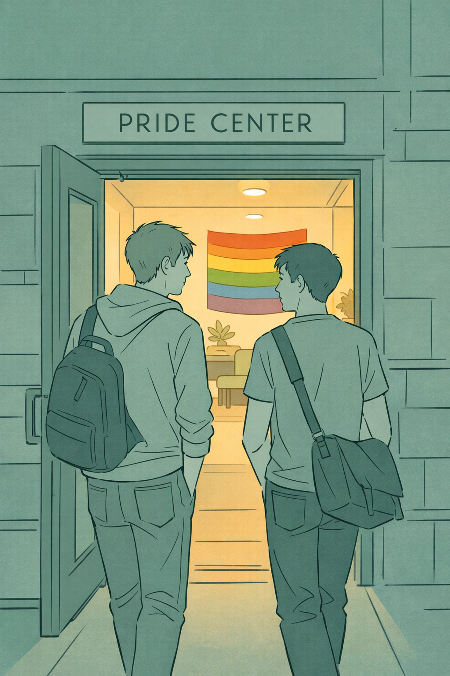 Male university students entering campus LGBTQ+ Pride Center - finding community and belonging