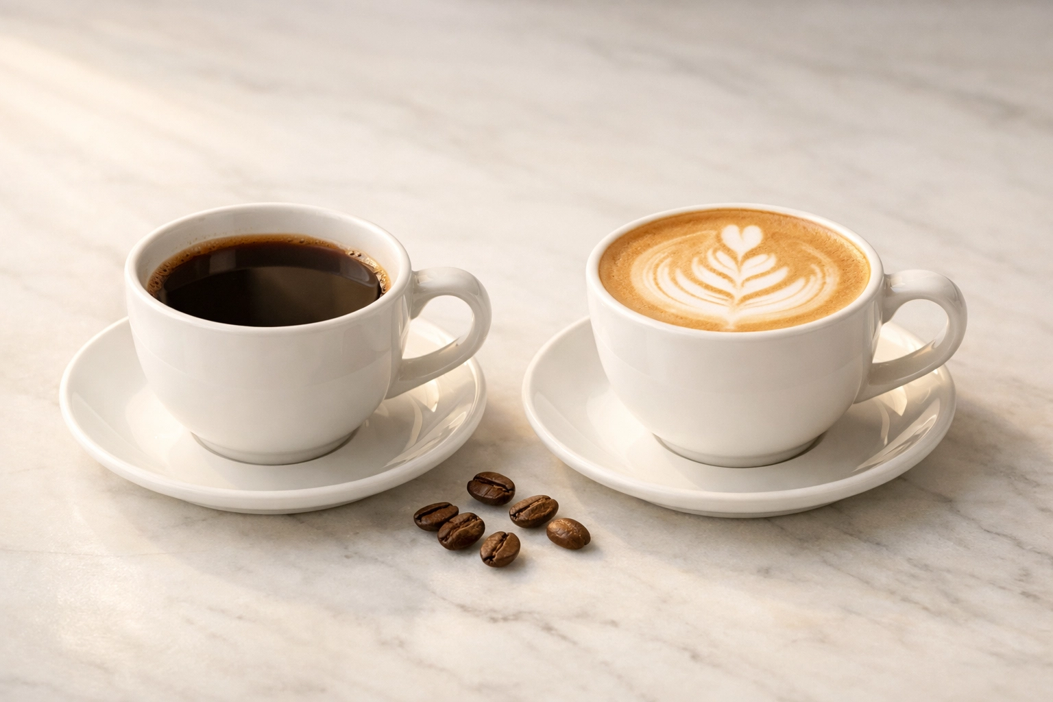 Black coffee and latte side by side comparing single origin and espresso blend drinks