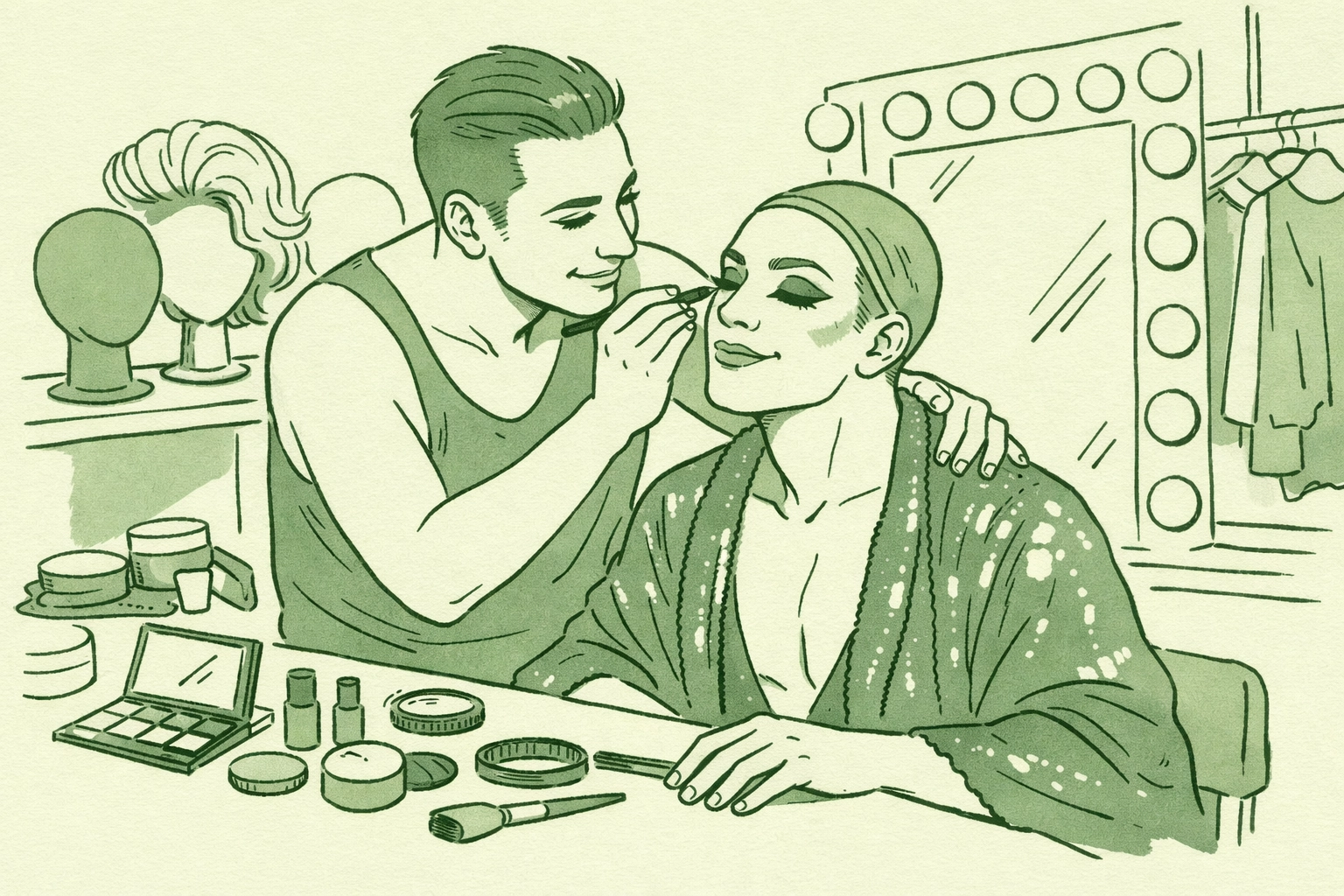 Drag performers helping with makeup backstage in dressing room showing LGBTQ+ chosen family support