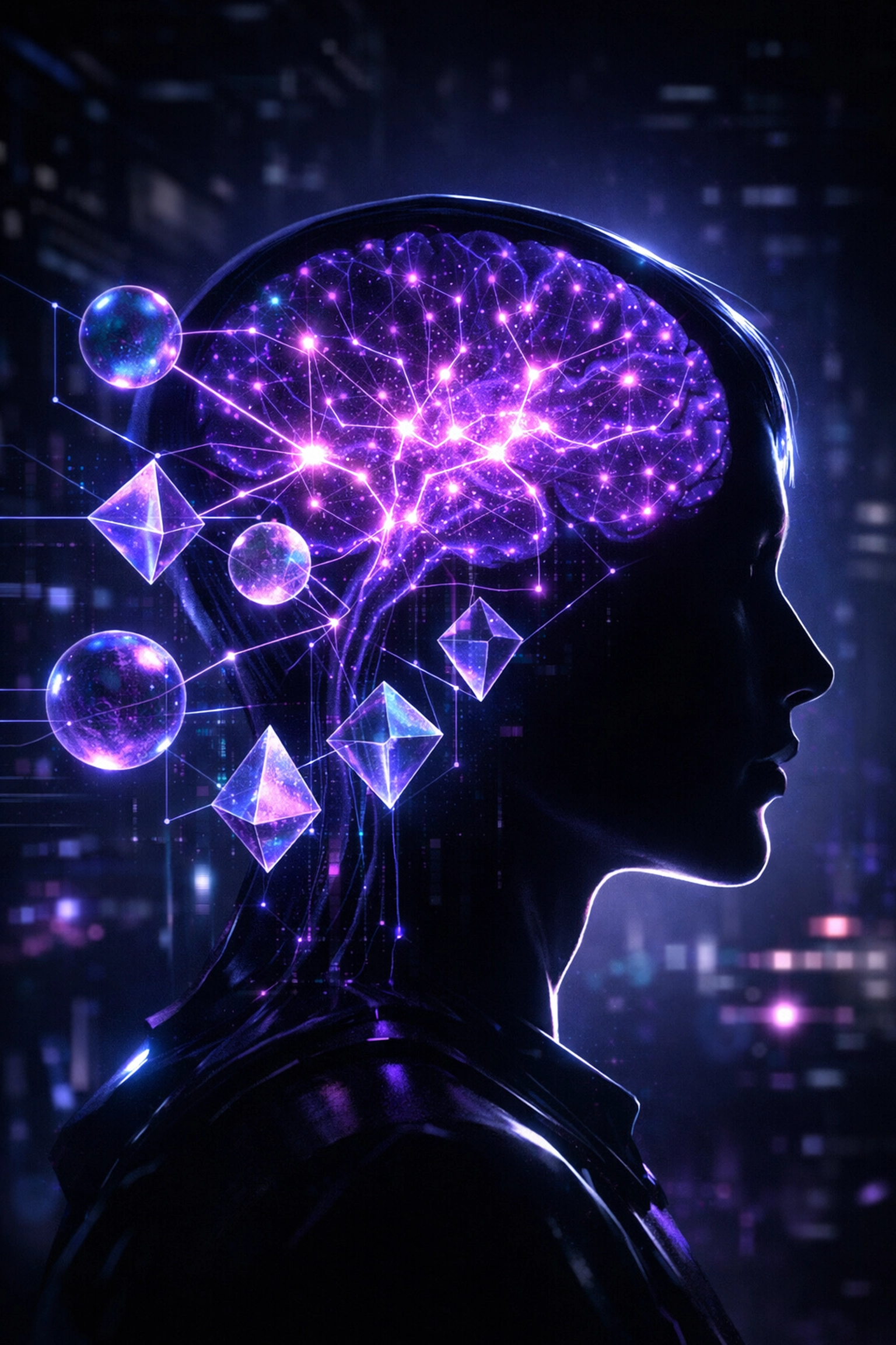 Silhouette of a human mind as a glowing neural map representing AI strategy and technical business acumen.