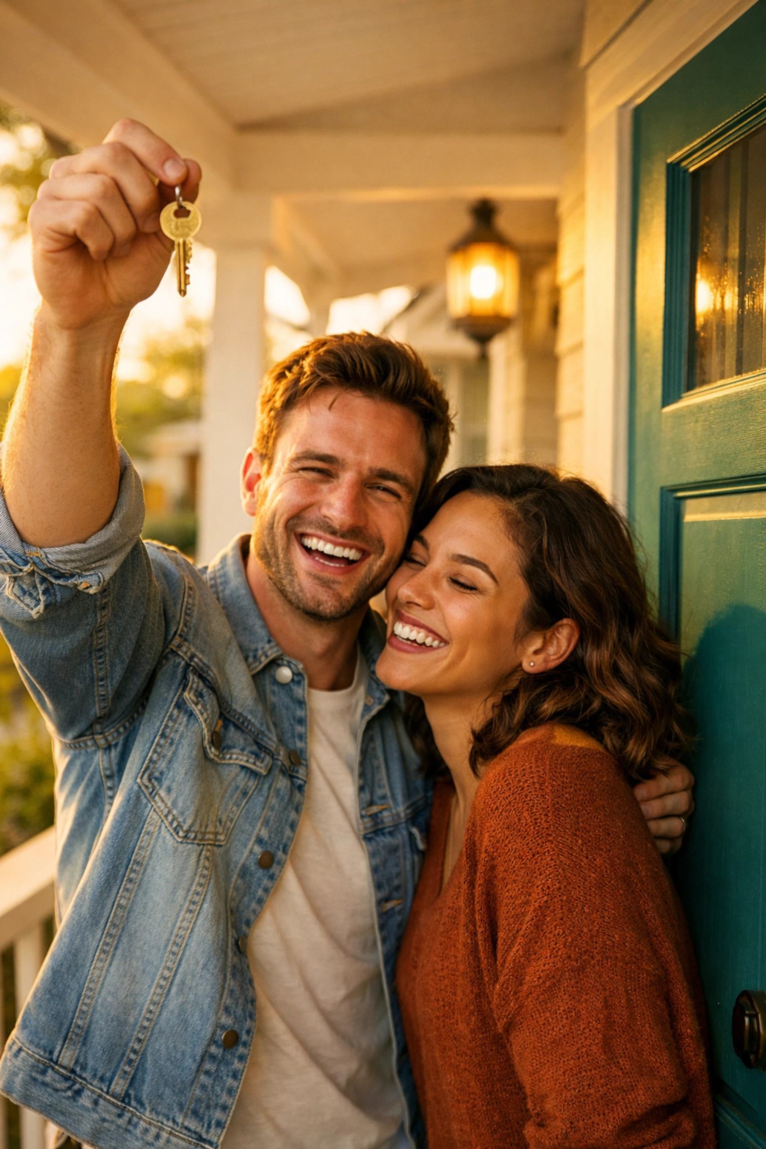 Happy couple holding keys to their new house on a porch after choosing an FHA loan.
