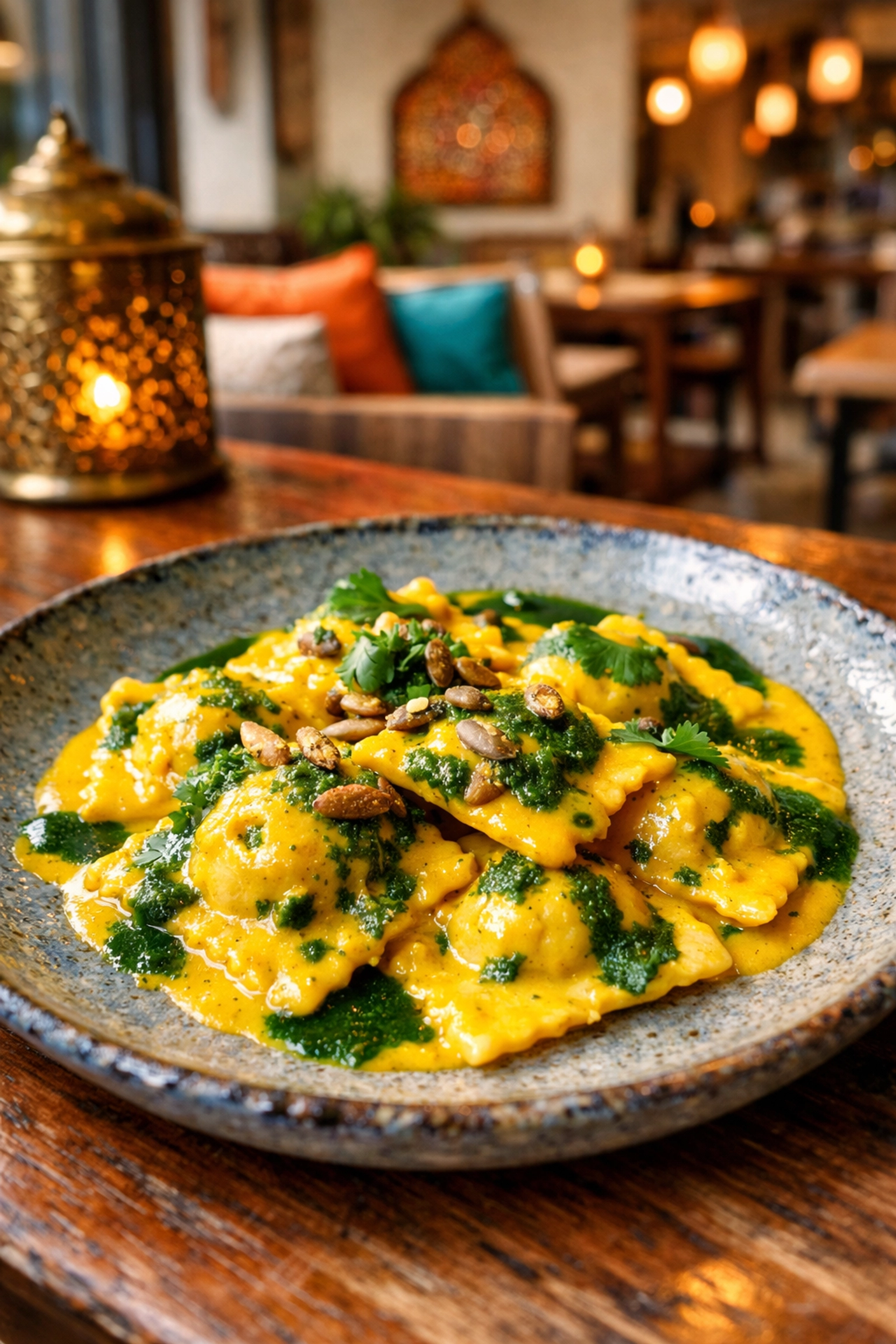 Fusion ravioli with saffron curry sauce served in a stylish boutique hotel restaurant.