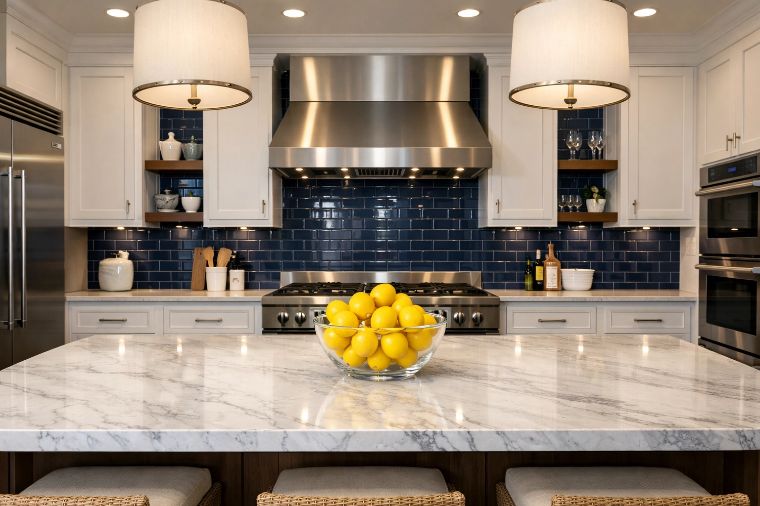 Professional kitchen cleaning in Medfield with polished marble counters and streak-free appliances.