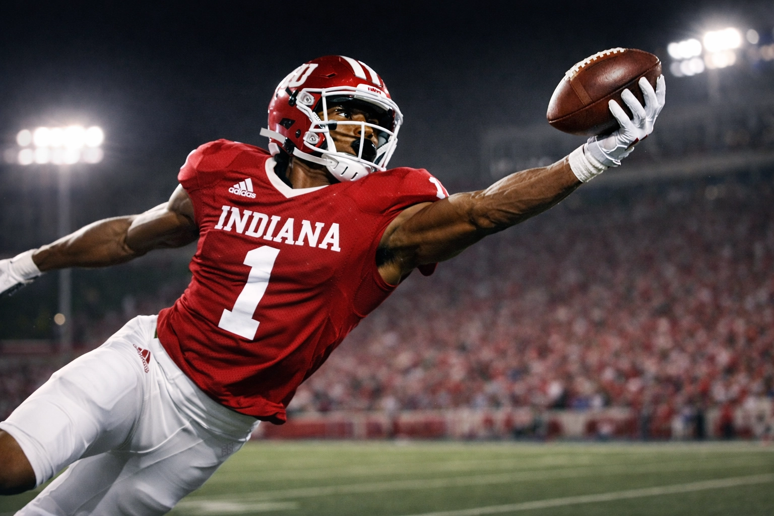 Indiana Hoosiers wide receiver making acrobatic catch in crimson uniform