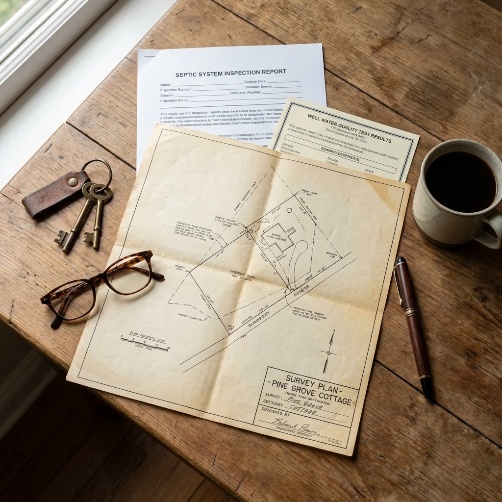 Flat lay of Muskoka cottage sale prep documents and keys, illustrating property paperwork for sellers who are selling a Muskoka waterfront cottage.