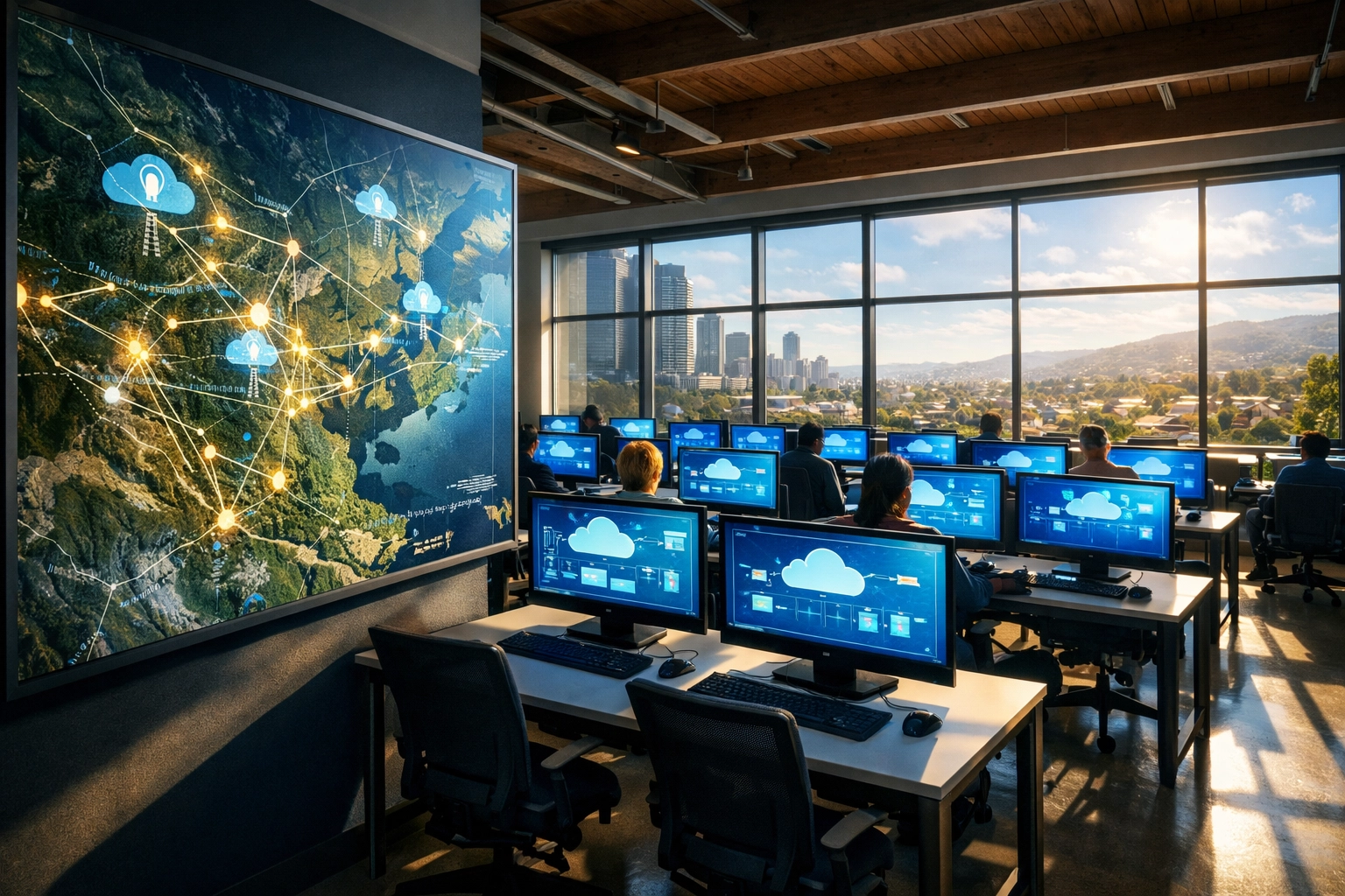 Community technology training center with computer workstations and distribution network maps for workforce access