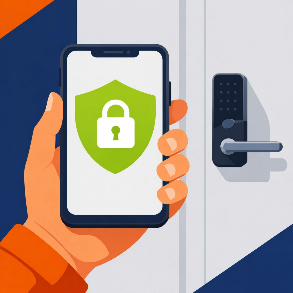 Digital smart lock security icon on a smartphone for modern home protection in Bristol.