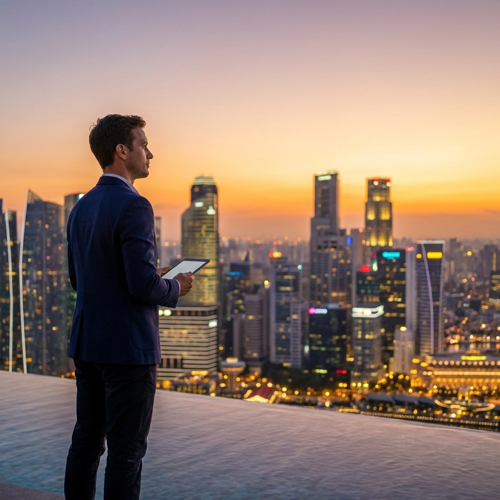Sophisticated investor overlooking city skyline at sunset, symbolizing exclusive investment opportunities.