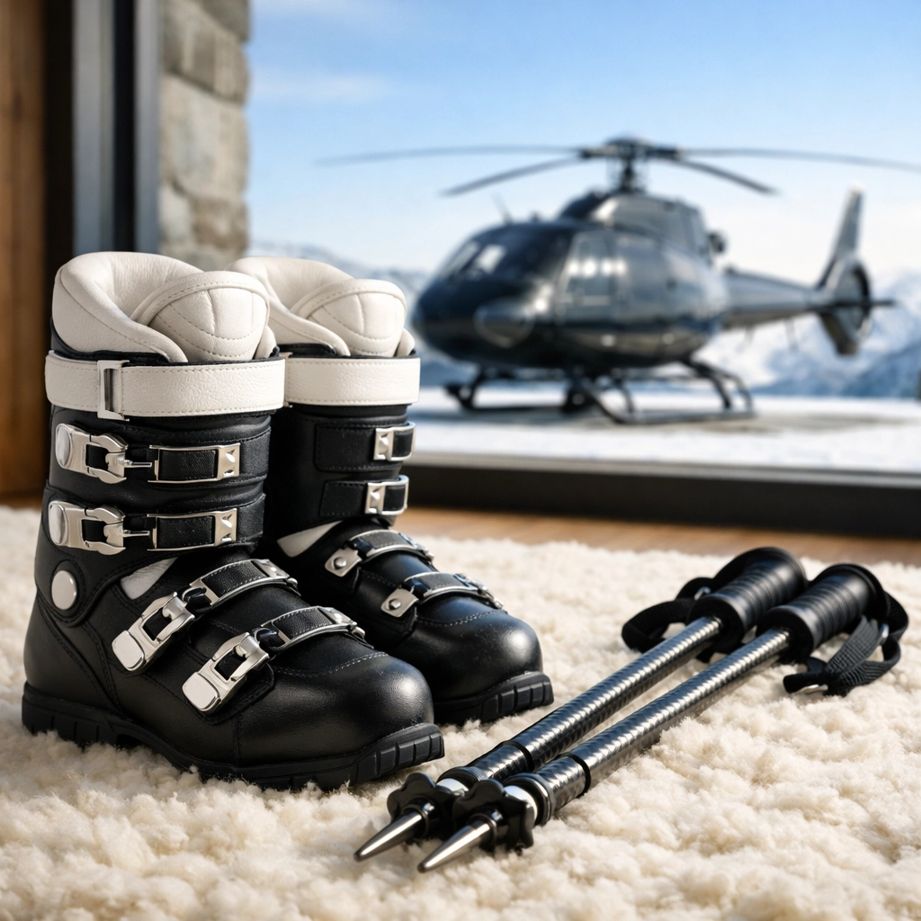 High-end ski gear inside a luxury lodge with a private helicopter waiting on the snow.