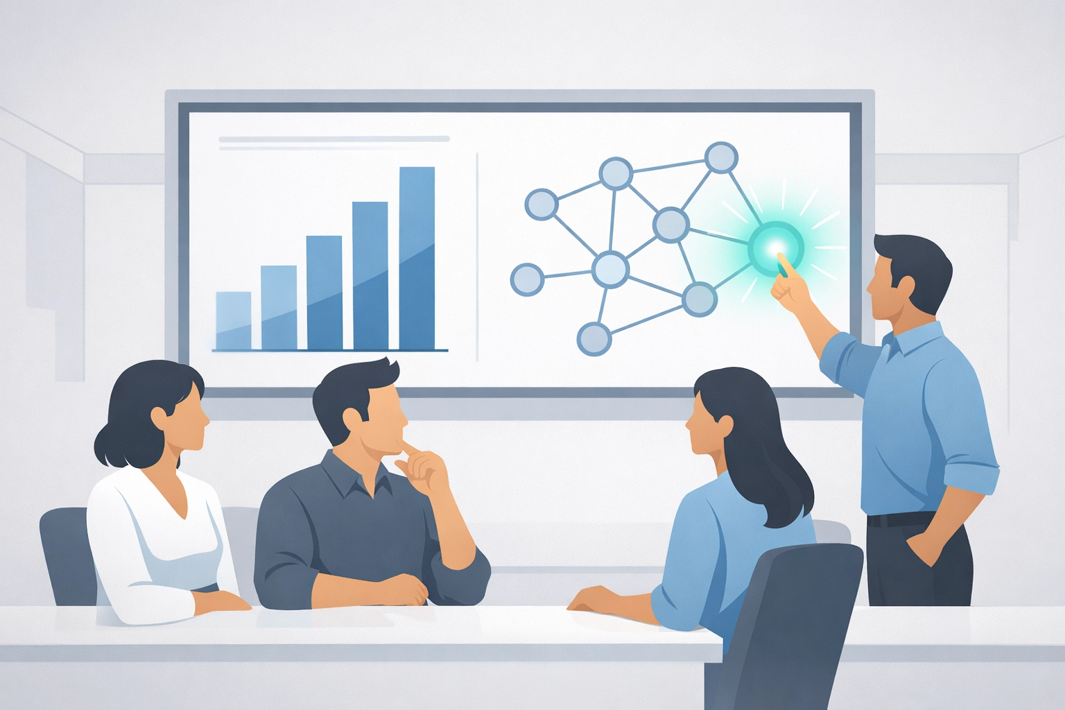 Marketing team collaborating on a data dashboard during SEO training for AI-driven search strategies.