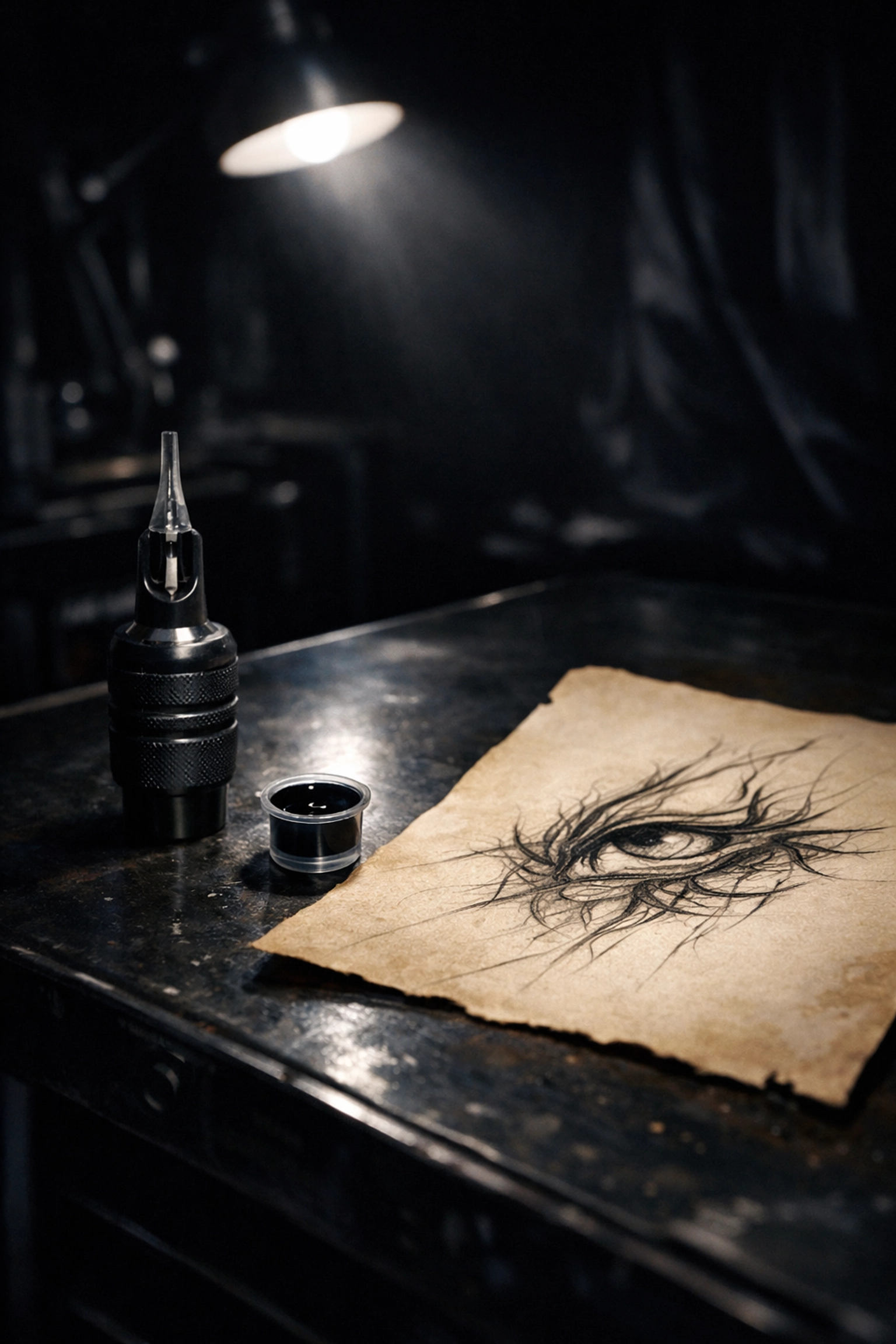 Professional tattoo workstation with a fine line art sketch and precision tools in our SE2 studio.
