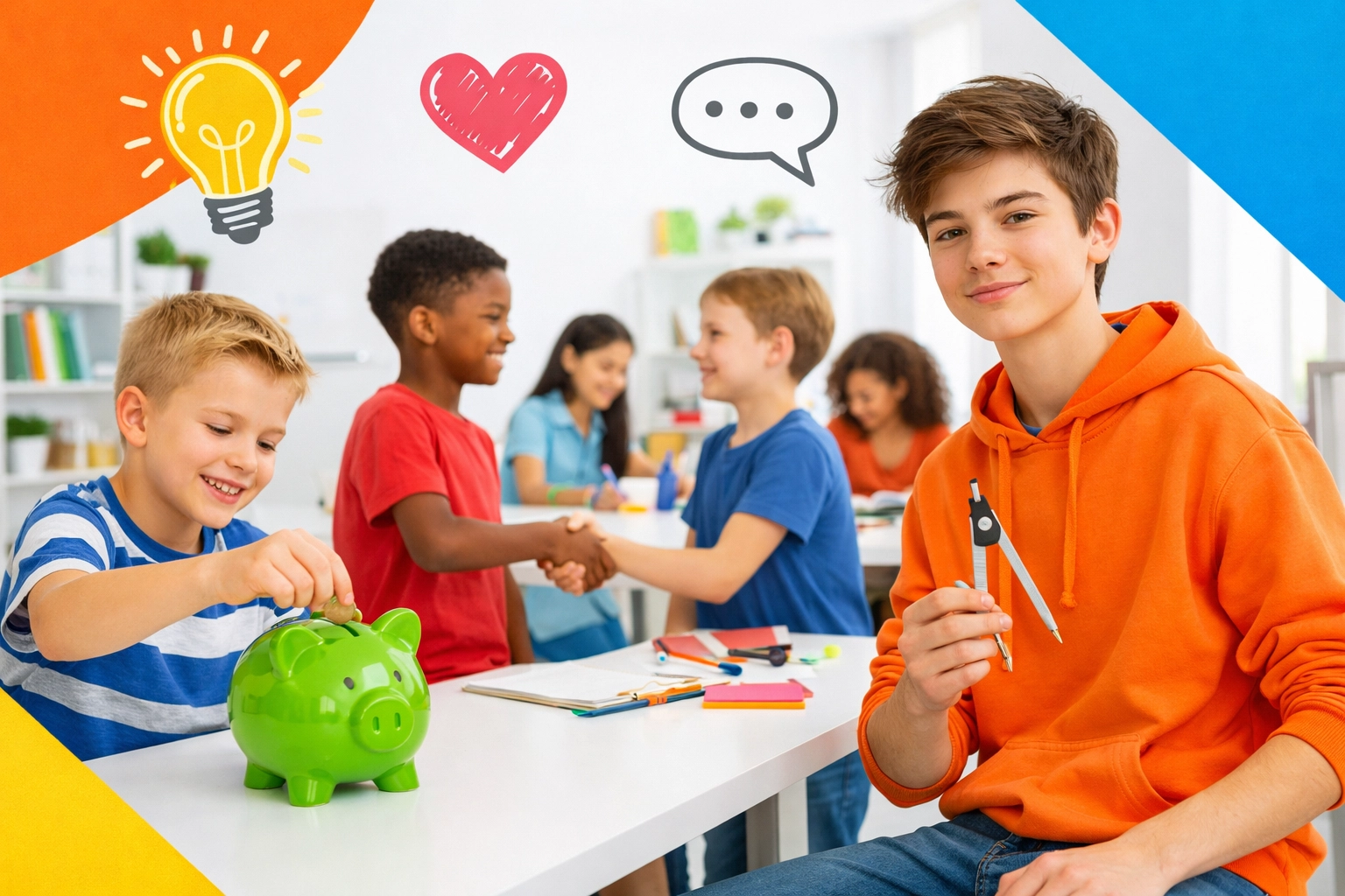 Diverse group of children and teens practicing financial literacy and social skills in a learning environment.