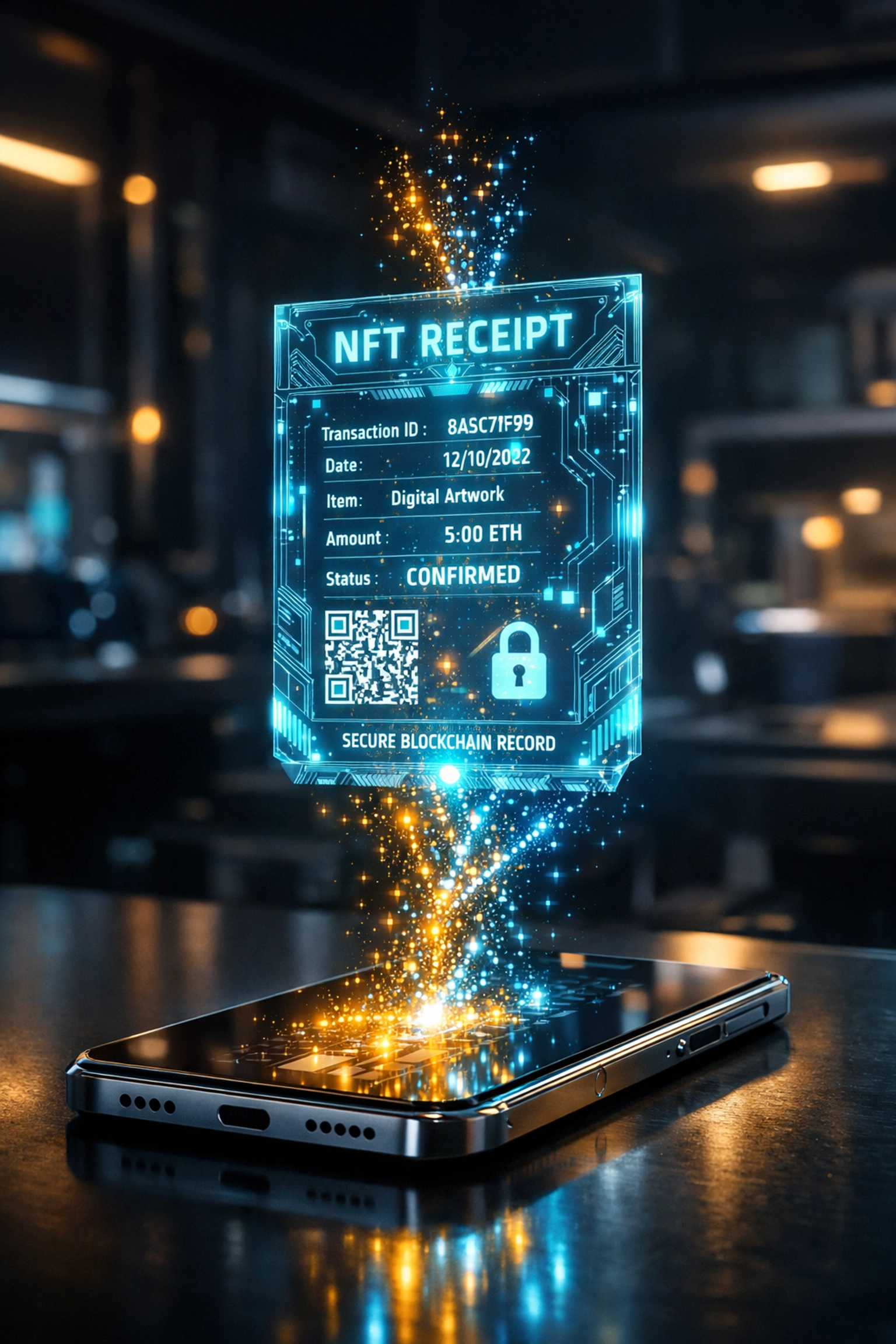 Holographic NFT receipts for accounting on a smartphone, optimizing crypto POS systems for small business growth.