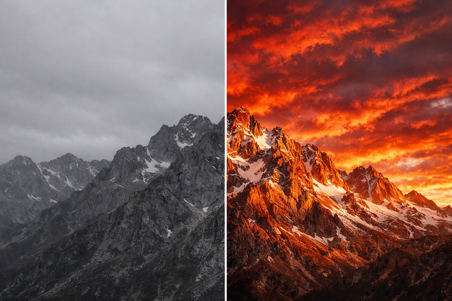 Comparison of landscape photography tips showing a dull mountain scene transformed by AI photo editing sky replacement.