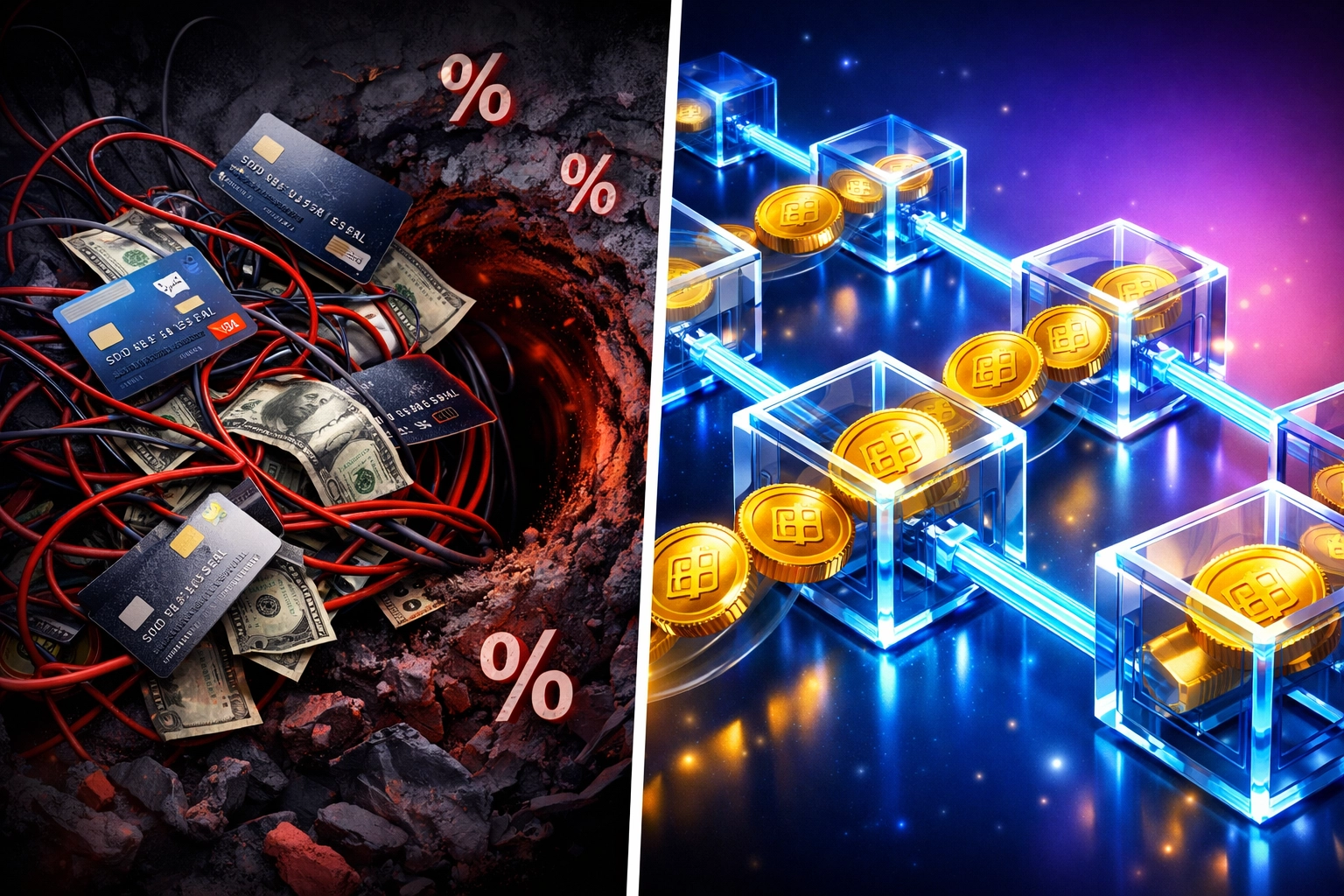 Traditional payment processors vs blockchain receivables tokens showing cost comparison and fee reduction