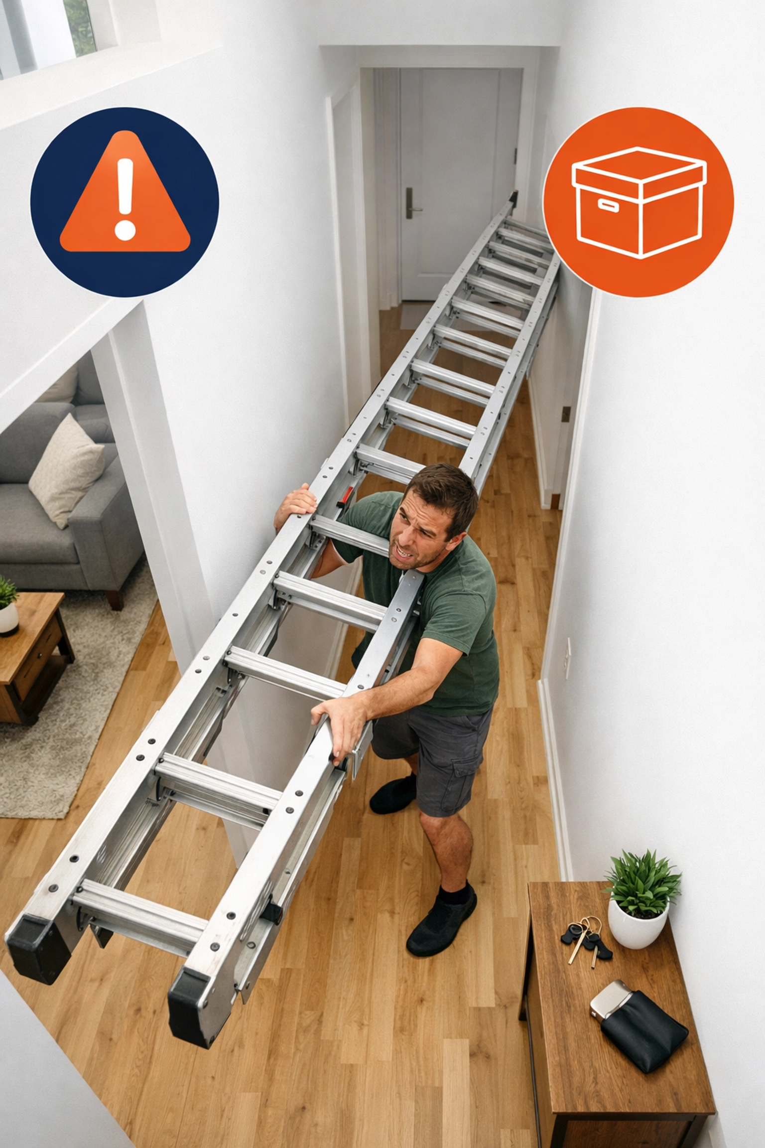 A person struggling to maneuver a bulky extension ladder in a small apartment hallway.