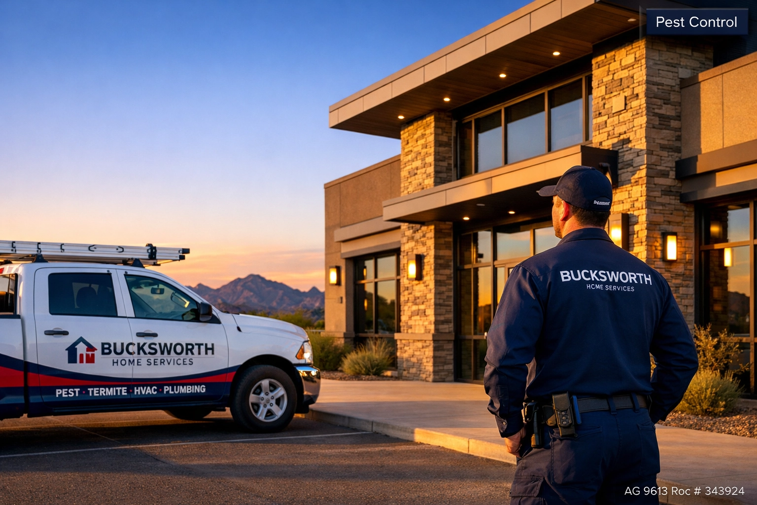 Bucksworth Home Services technician conducting a commercial pest control inspection in Laveen AZ.