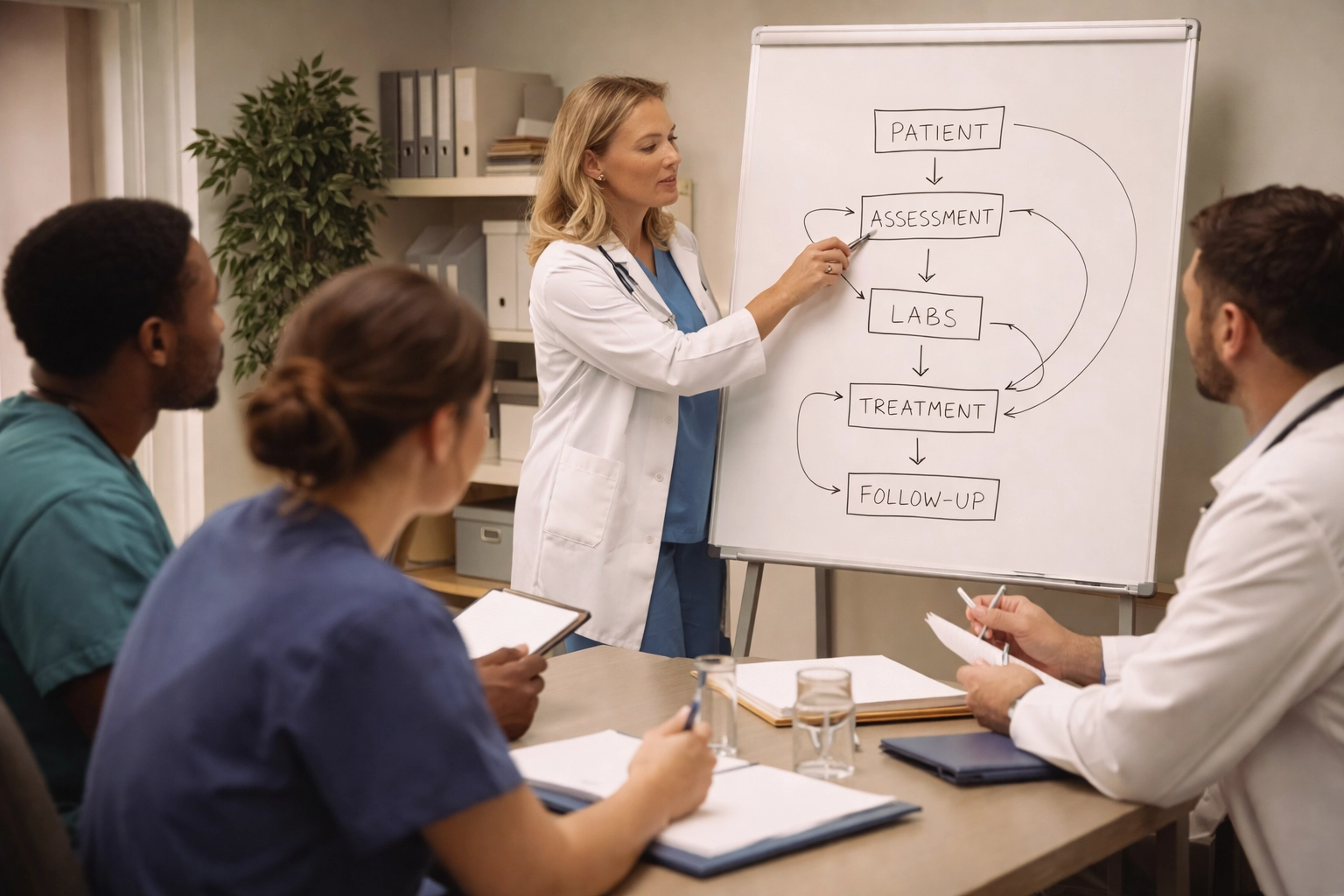 A healthcare team discusses workflow efficiency at a whiteboard, emphasizing operational improvements for sustained profitability.