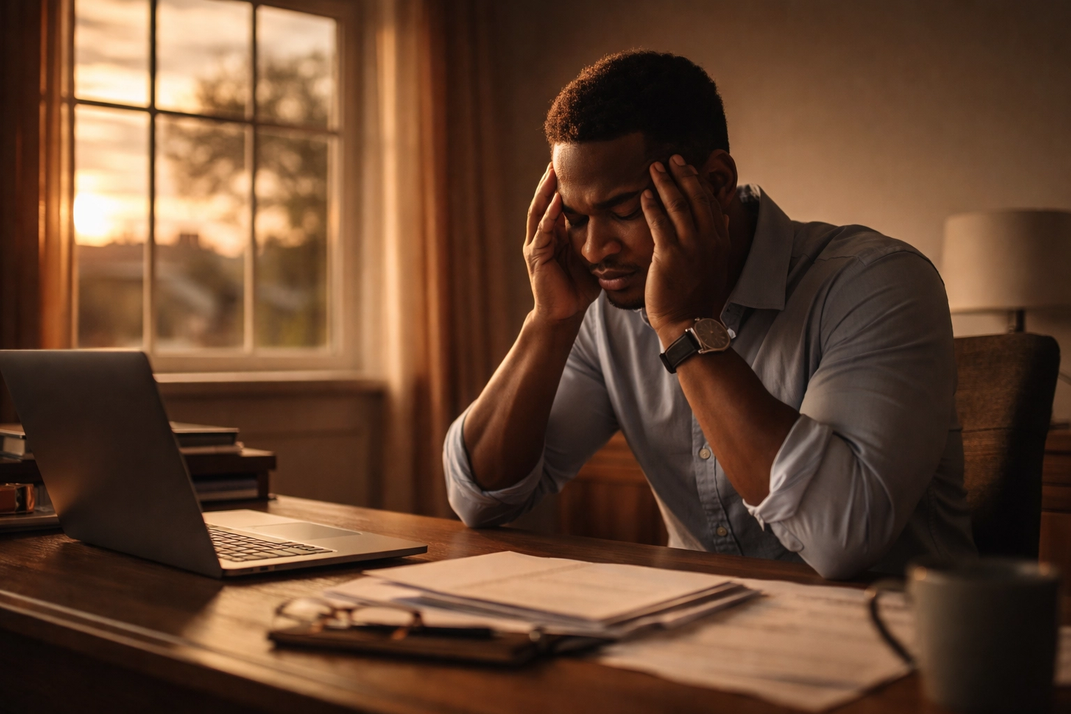 Black man sitting alone at a desk at sunset, representing emotional strain and mental health challenges from relationship breakdowns.