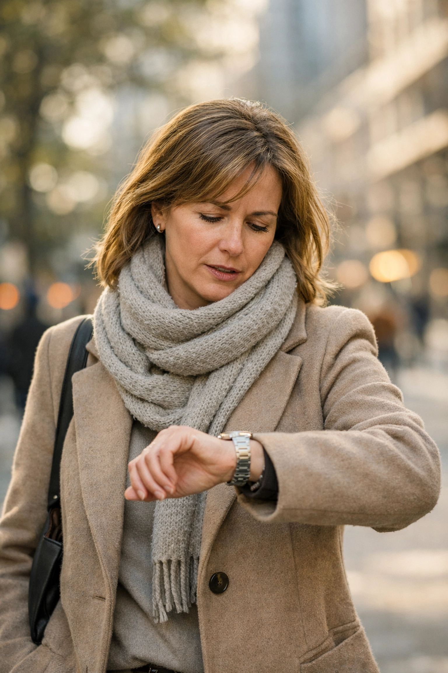 Professional woman checking her watch, seeking perimenopause support for business owners to break the cortisol loop. Professional woman checking her watch, seeking perimenopause support for business owners to break the cortisol loop.
