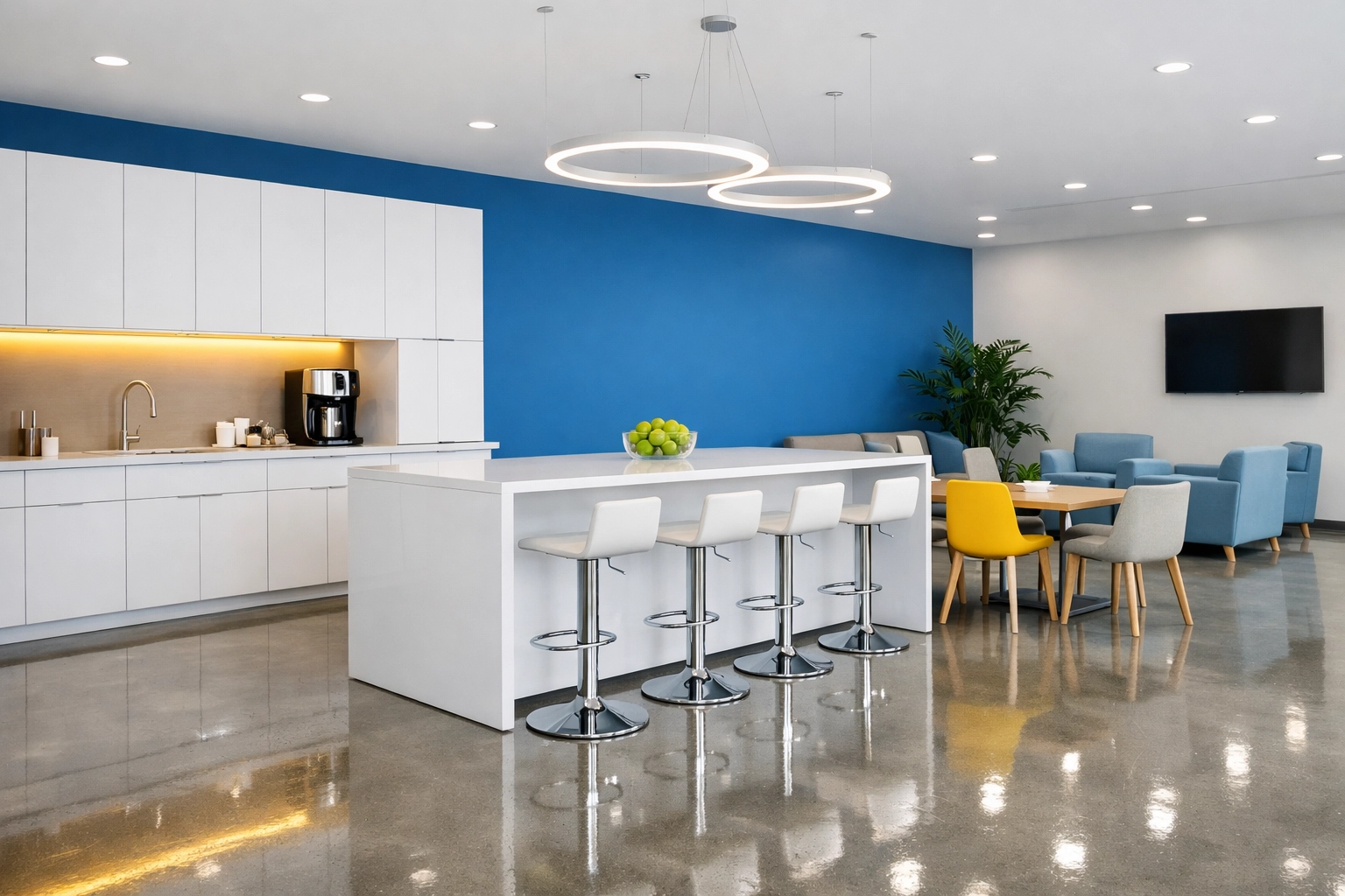 Sparkling clean corporate breakroom with polished floors after a commercial cleaning service in Boston.
