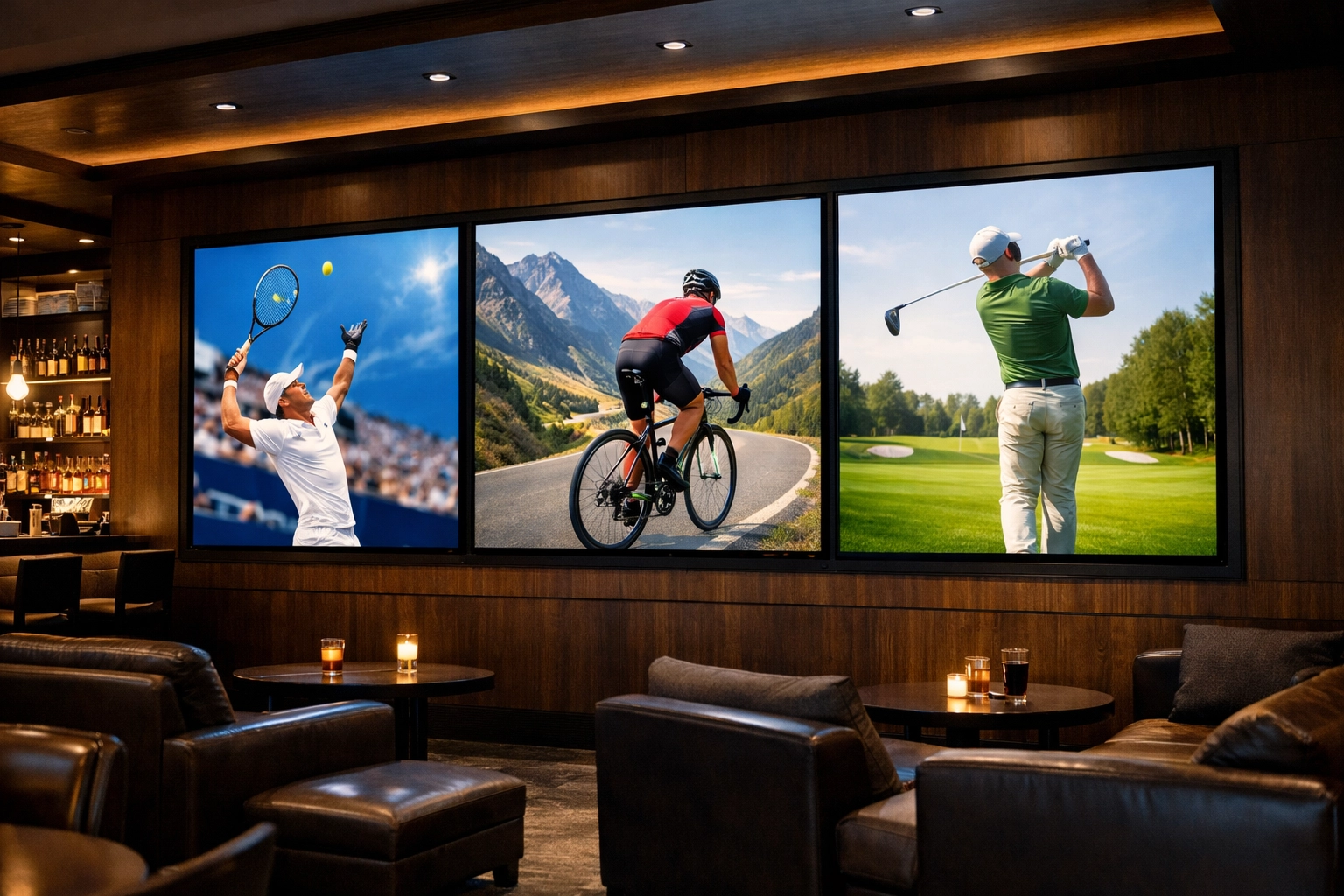 Array of synchronized digital sports displays in a modern lounge creating an immersive fan experience.
