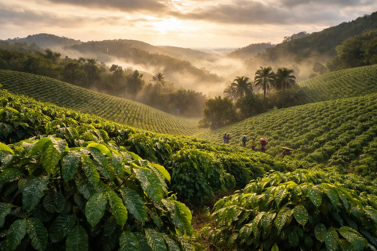 Lush green coffee plantation hills after rainfall with a misty morning feel.