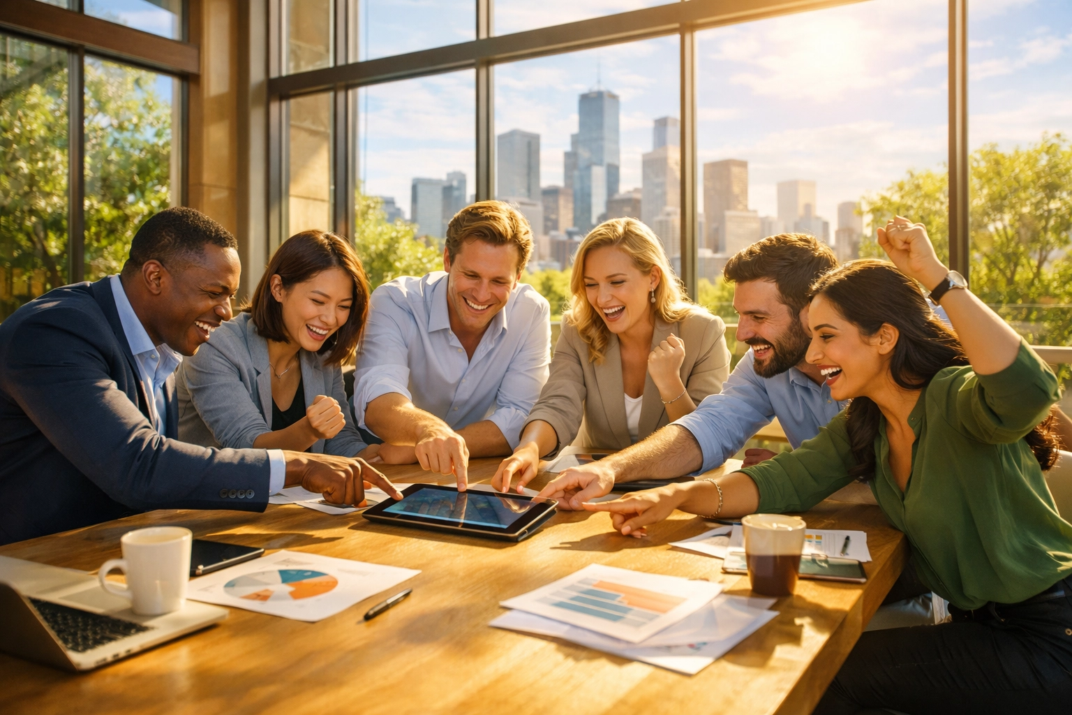 Small business team in a modern office collaborating on a 2026 growth strategy.