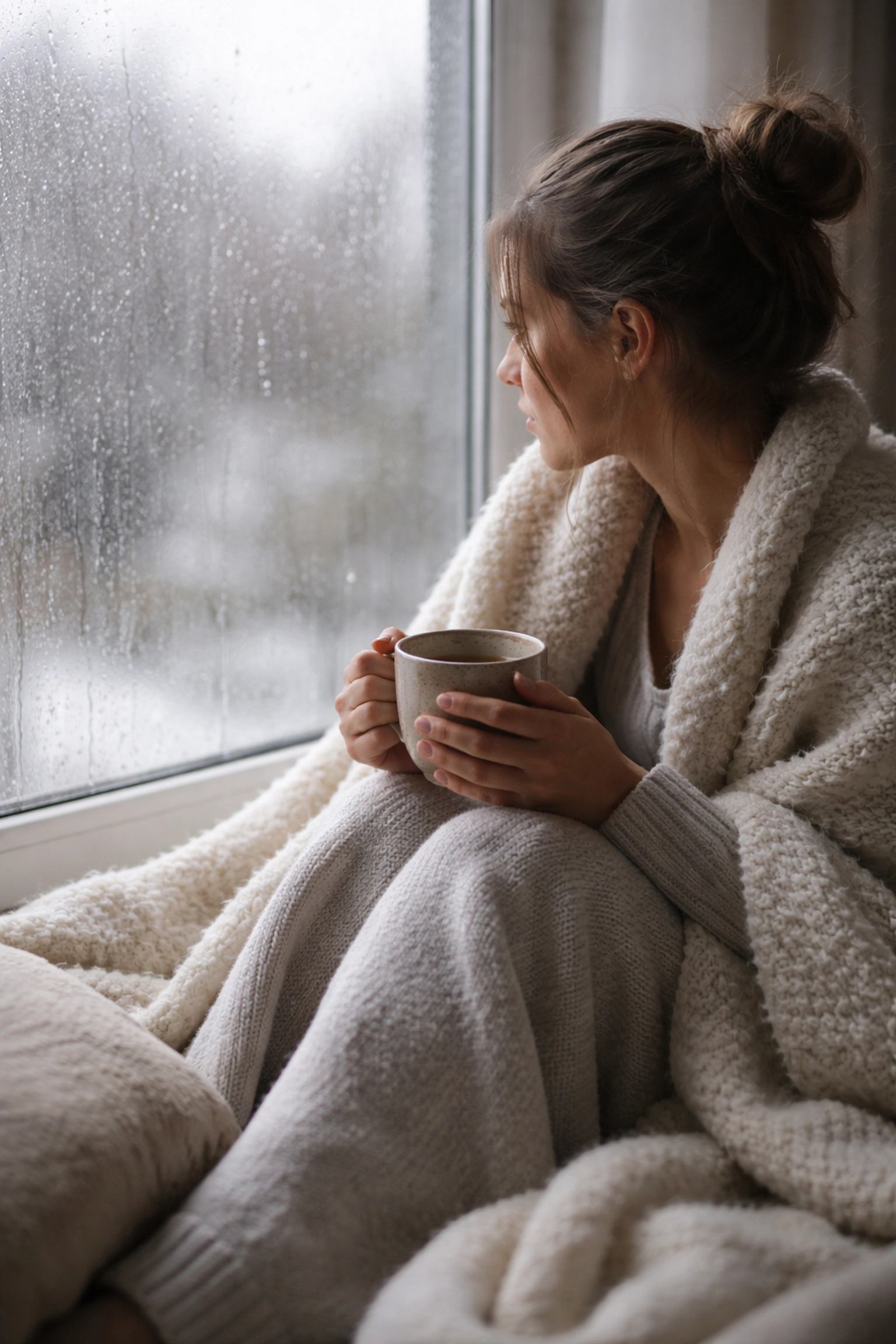 Person sitting by a rainy window in January, wrapped in a blanket with a mug of tea, illustrating gentle self-care during winter