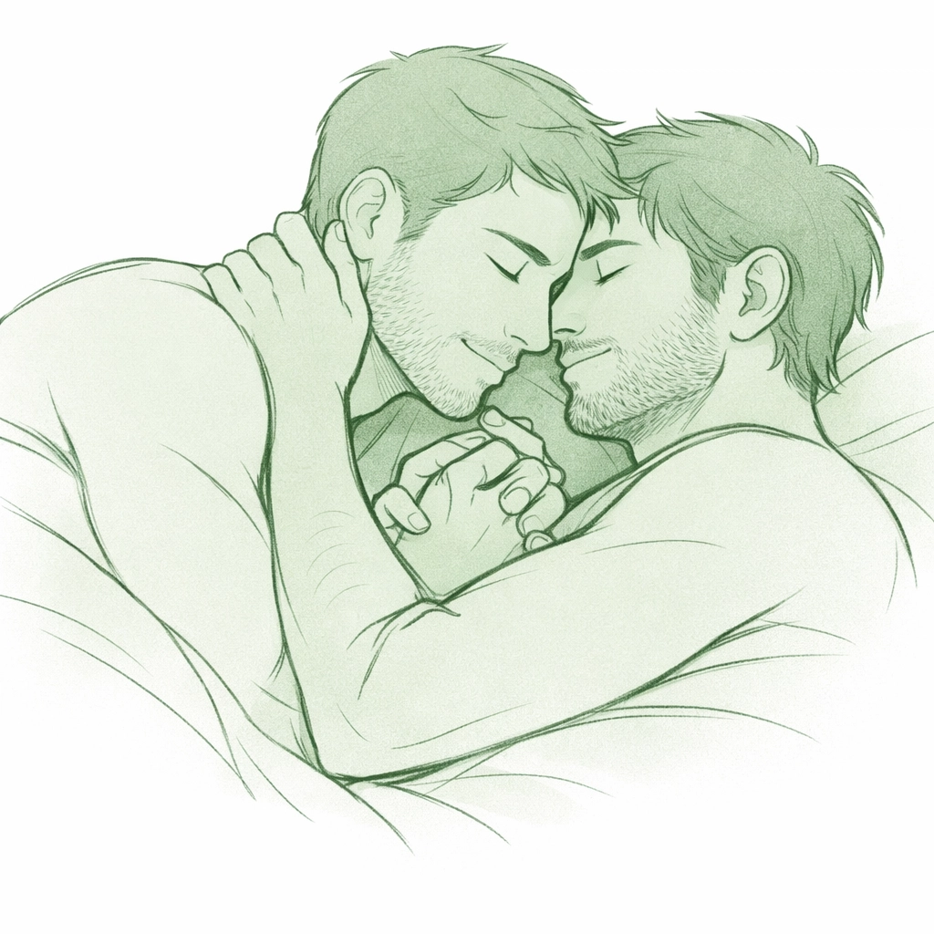 Two men in intimate embrace showing emotional and physical connection in MM romance