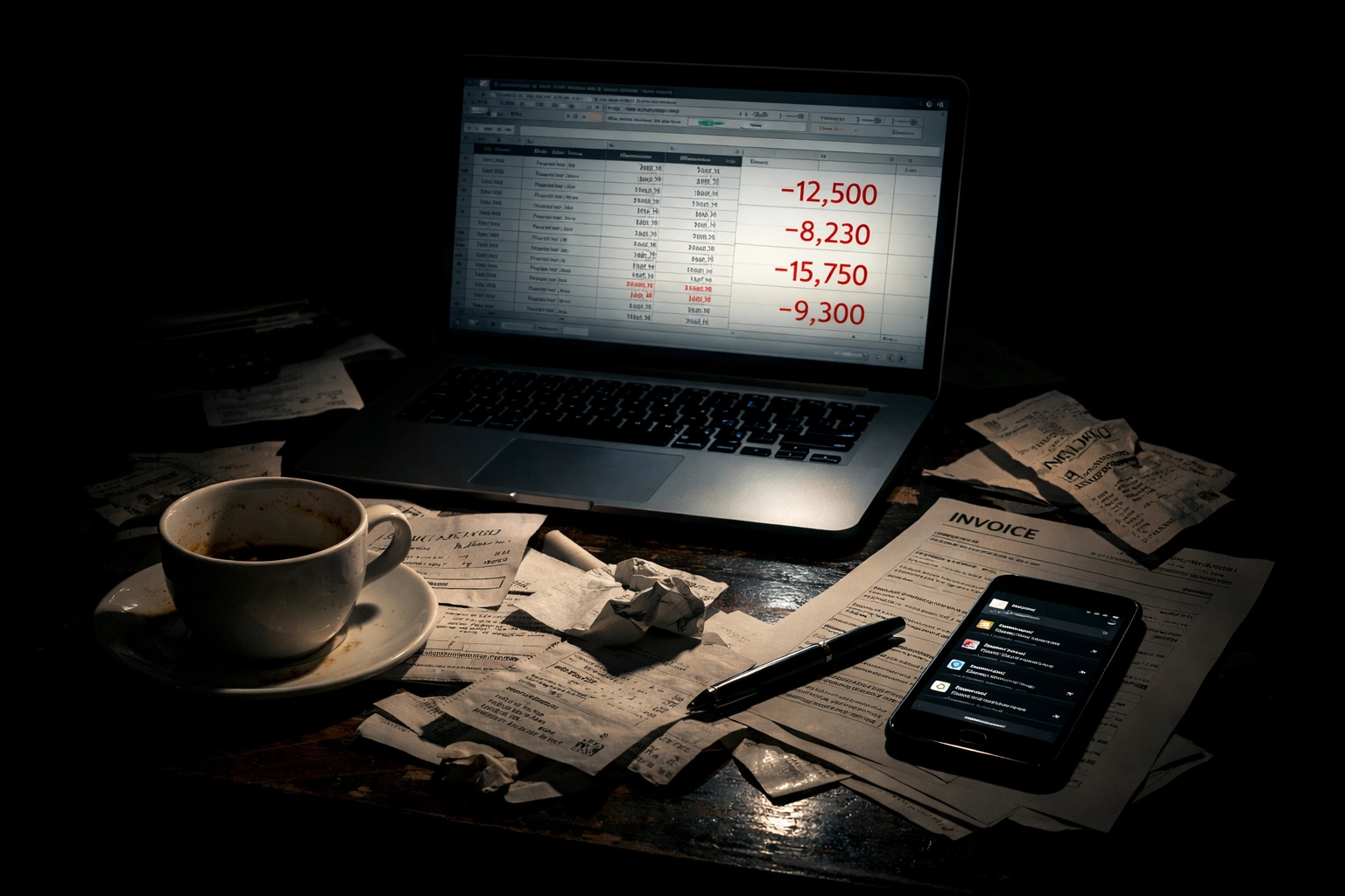 Startup founder's desk showing financial stress from failed contract SDR investment and SDR costs