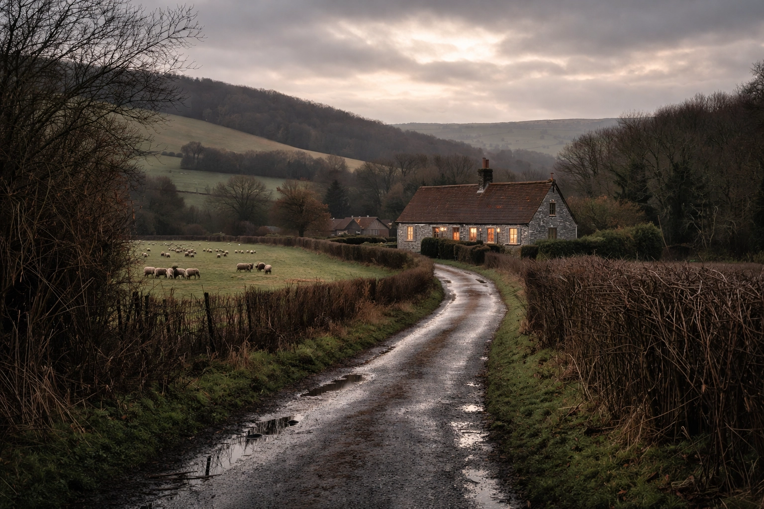 Elham Valley country lane with flint-walled pub, chalk hills, and grazing sheep in Kent Downs