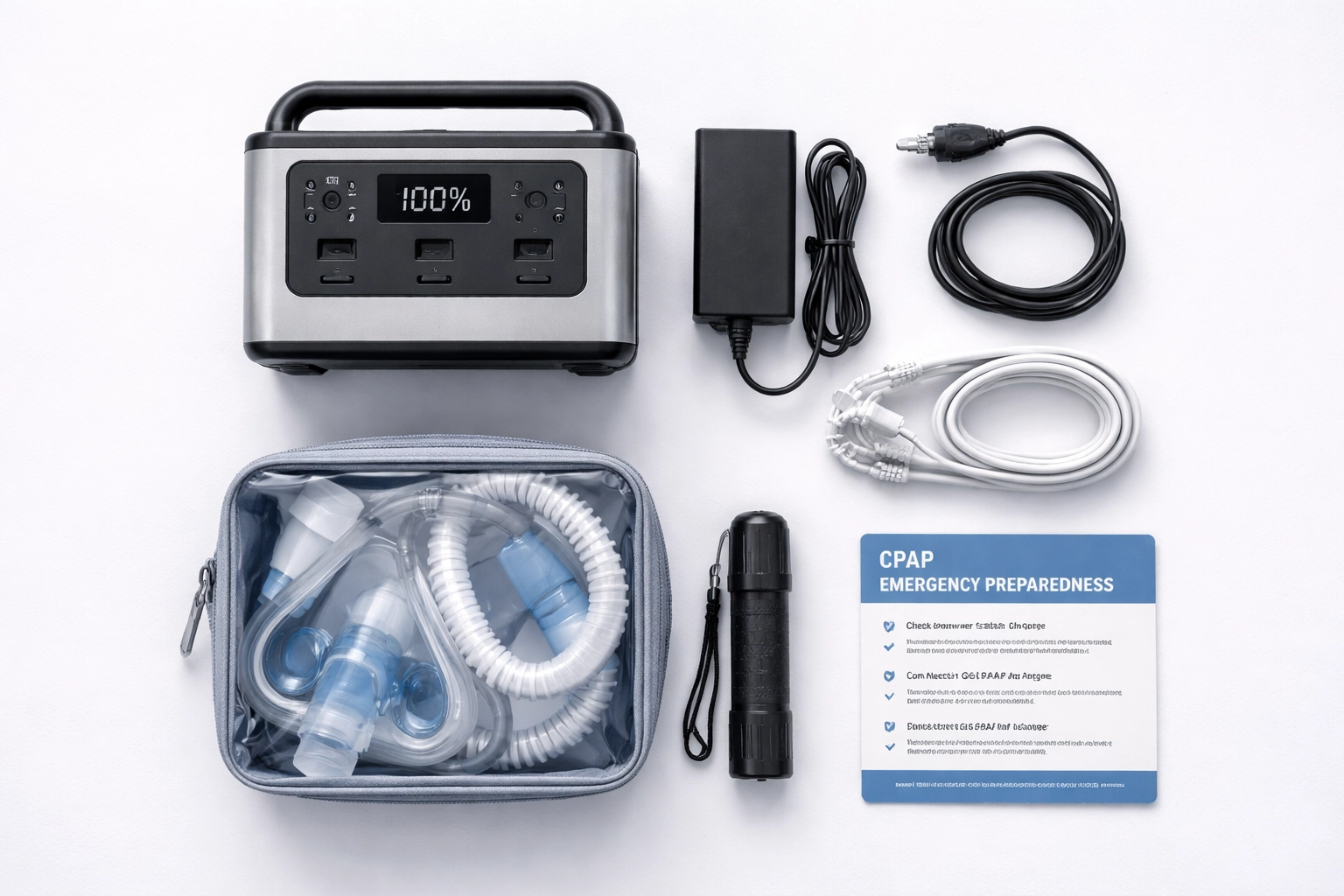 Organized CPAP emergency kit with portable battery, mask, cords, and flashlight ready for power outage situations.