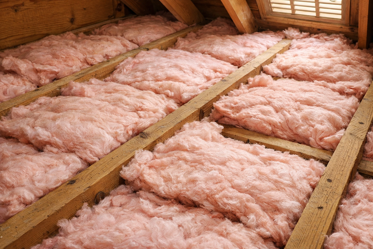 Attic insulation between joists showing uneven coverage and gaps in Edmonton home