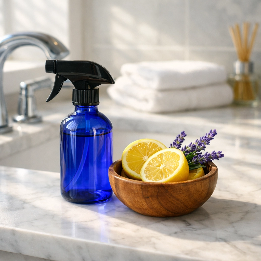 Lemons and essential oil cleaners on a vanity, ideal for apartment cleaning services in Leominster MA.
