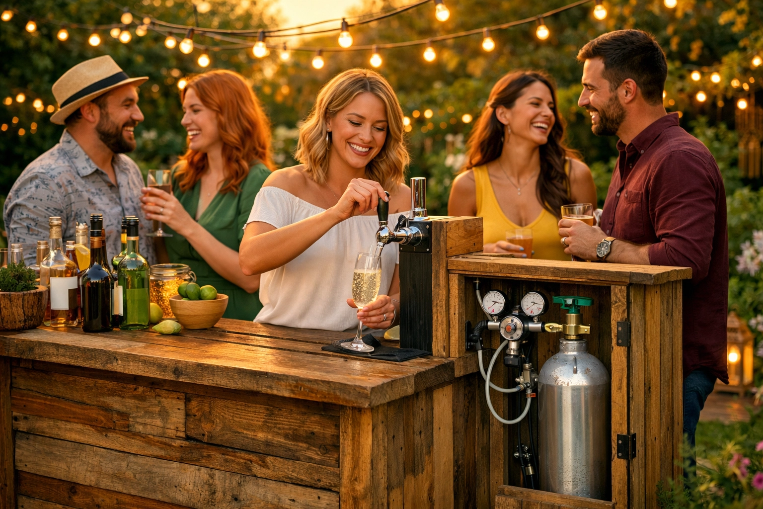 Friends enjoy drinks at a DIY outdoor garden bar powered by a professional CO2 gas system.