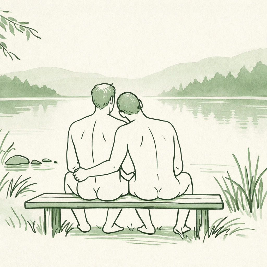 Illustration of an MM couple at a naturist retreat, highlighting body positivity and queer acceptance.