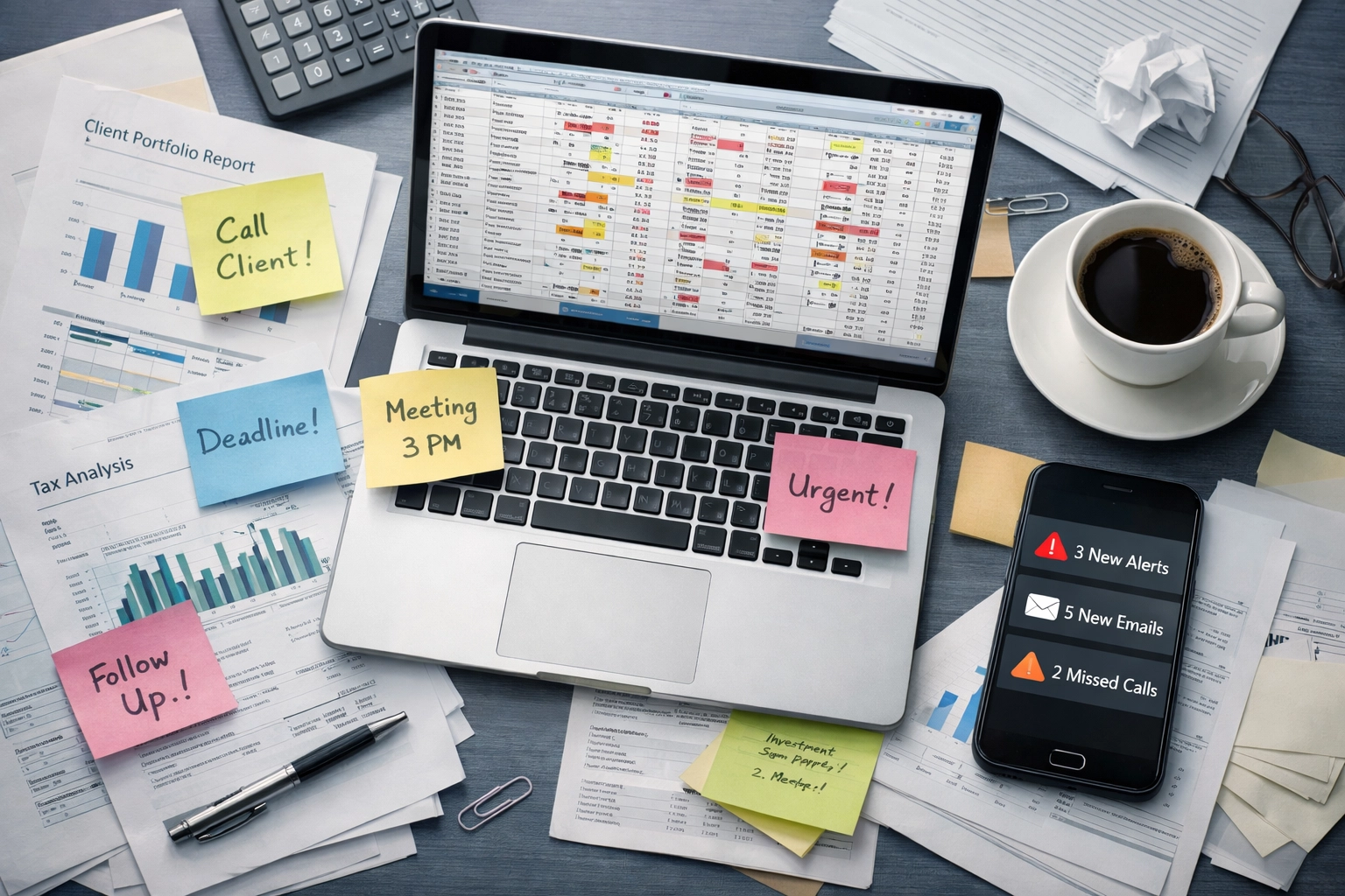 Overwhelmed financial advisor desk with scattered papers showing per-task support management burden