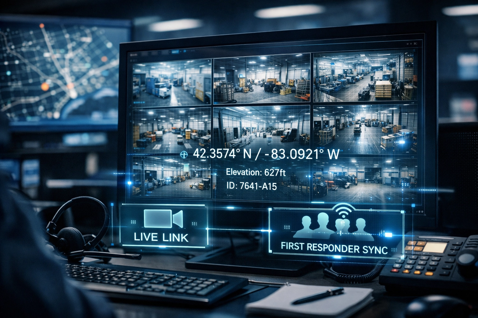 911 dispatcher using real-time Camera Share integration to monitor a Michigan warehouse during an emergency