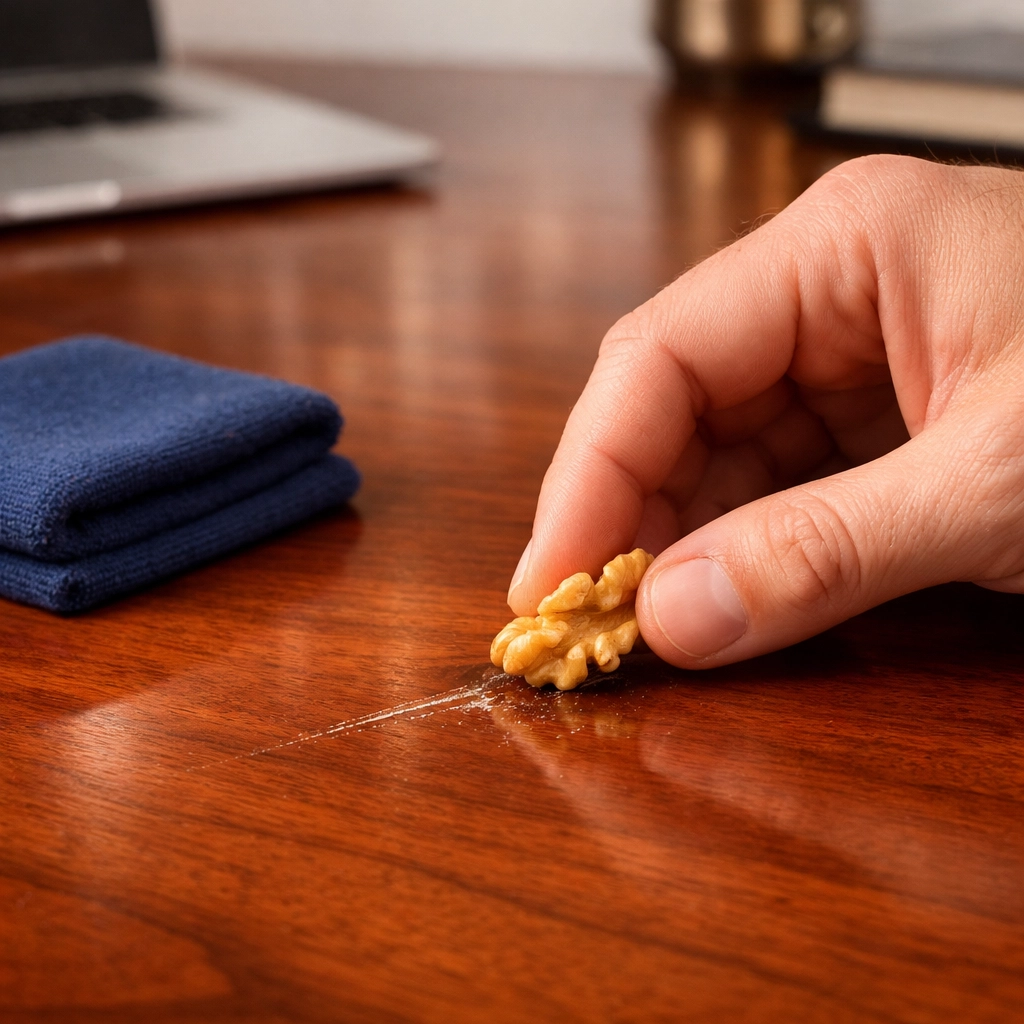 Hand rubbing a walnut into a scratch on a wood table to fix it naturally and safely.