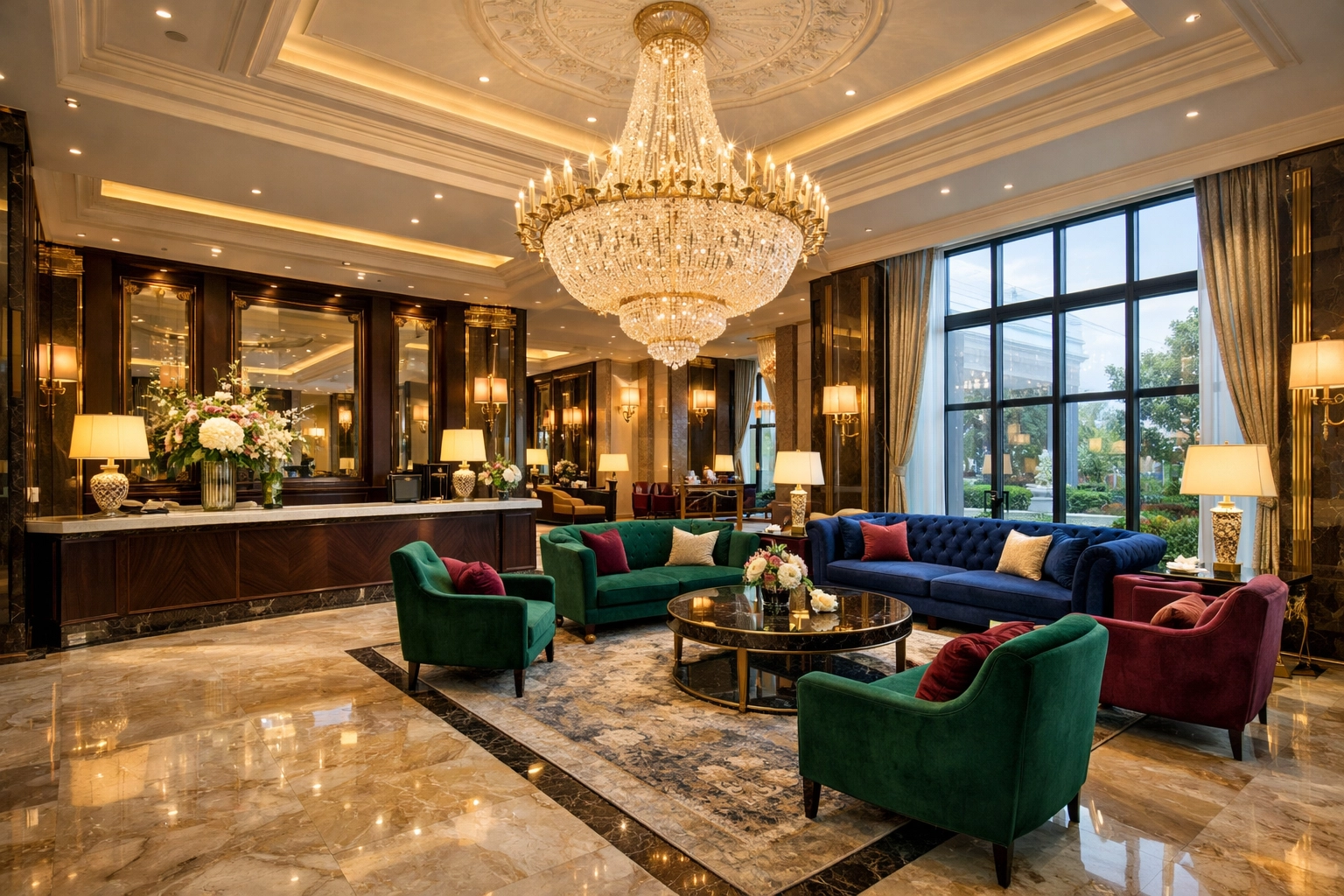 Luxurious hotel lobby with marble floors and chandelier in NYC