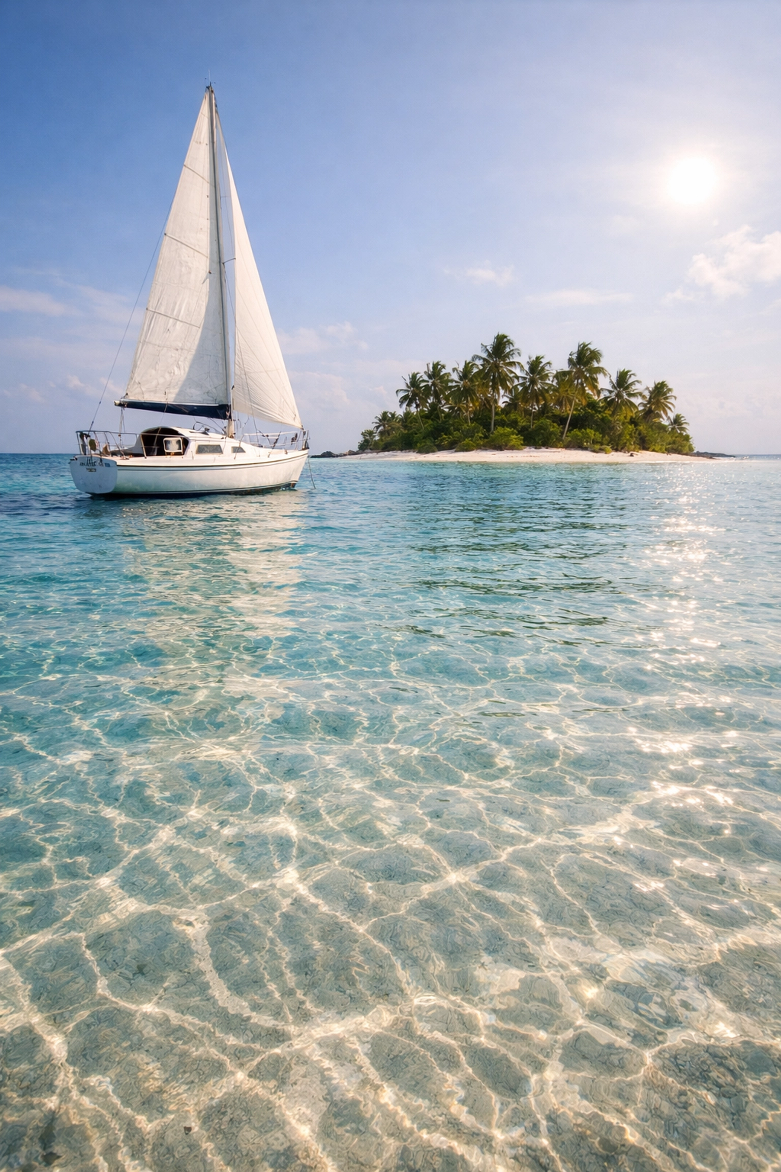 Private sailboat in crystal-clear Caribbean water near a tropical island hidden gem.