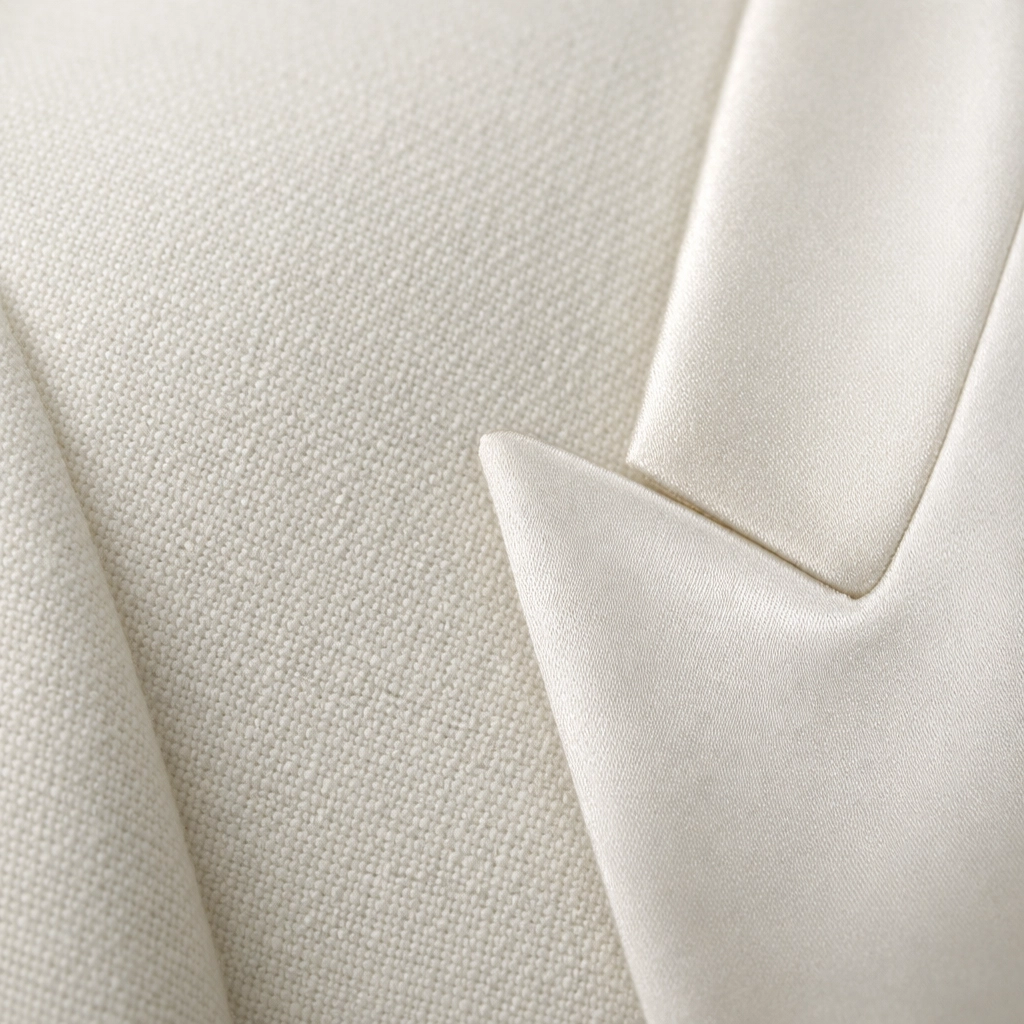 Premium white wool tuxedo fabric showcasing quality texture and matte finish