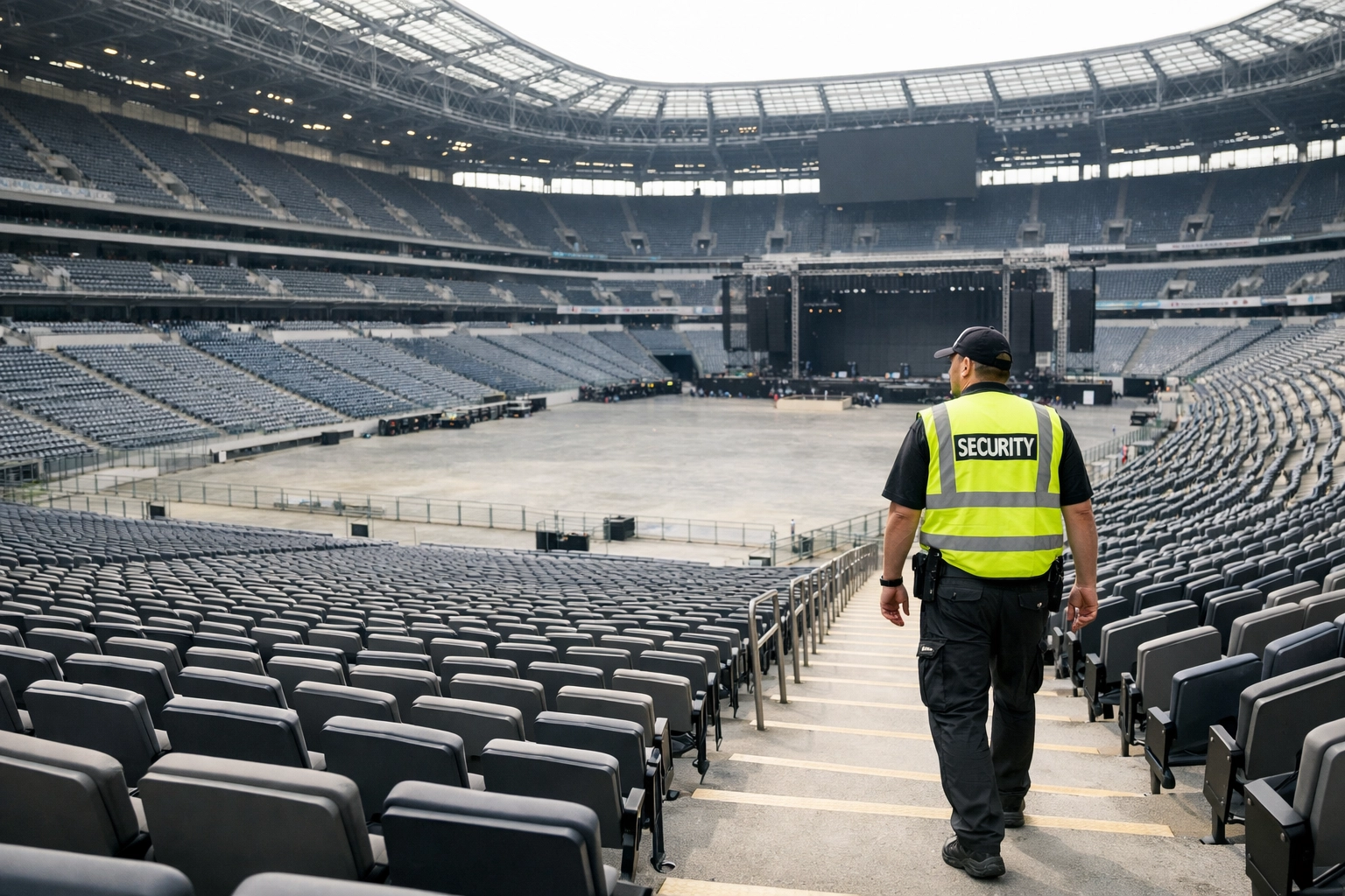 Security professional on patrol in a large stadium venue ensuring public safety and protect duty.