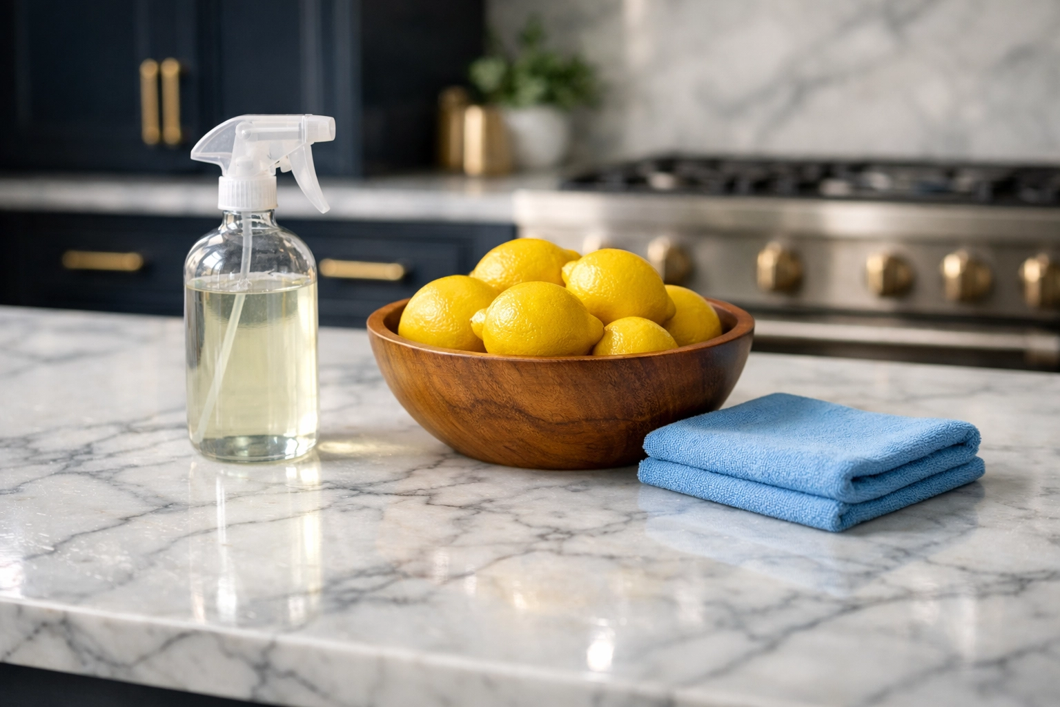 Eco-friendly kitchen cleaning on marble counters using natural ingredients in a Bolton residence.