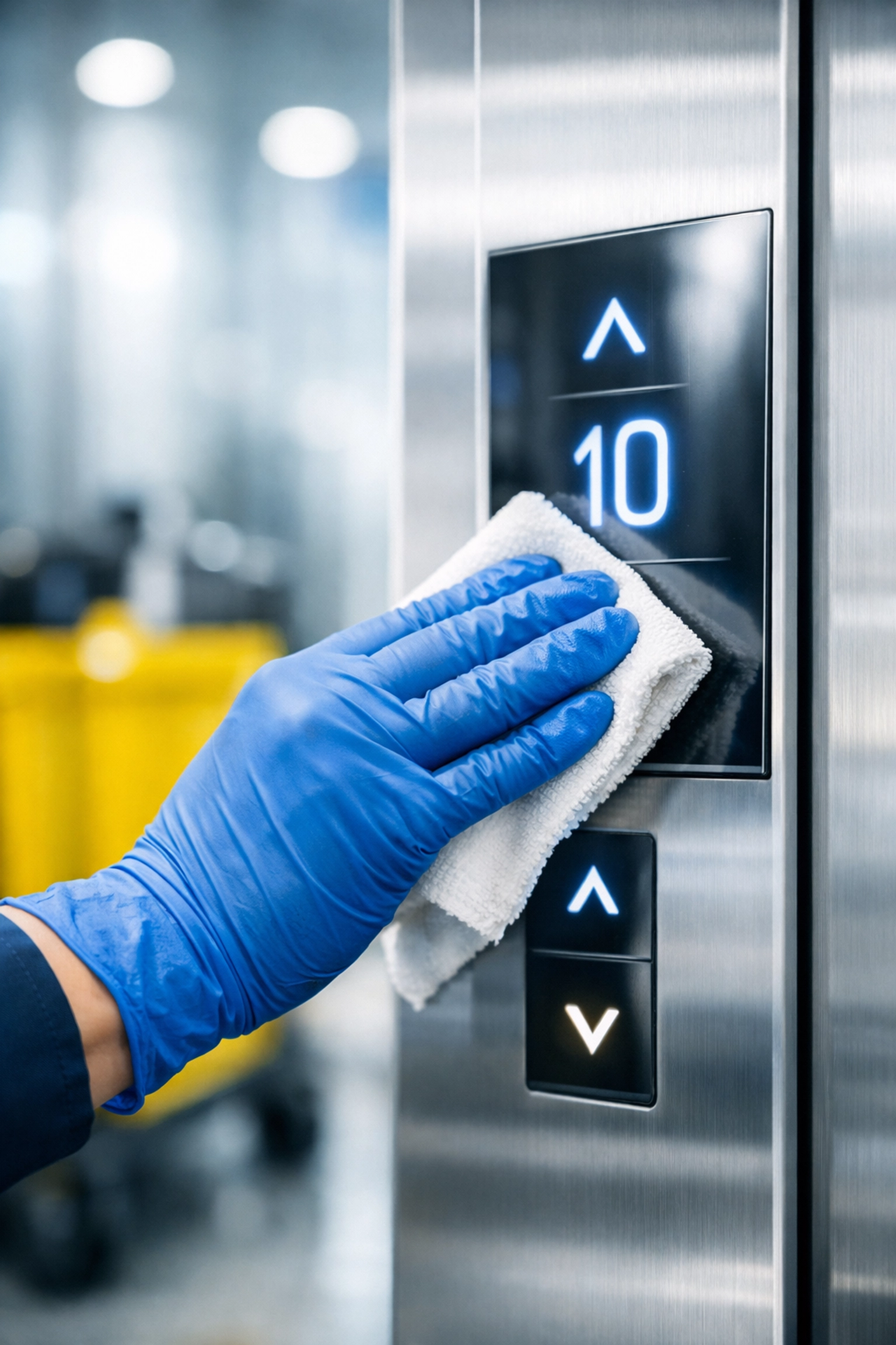 Sanitizing high-touch surfaces in a corporate office, a key part of our janitorial services in Lawrence.