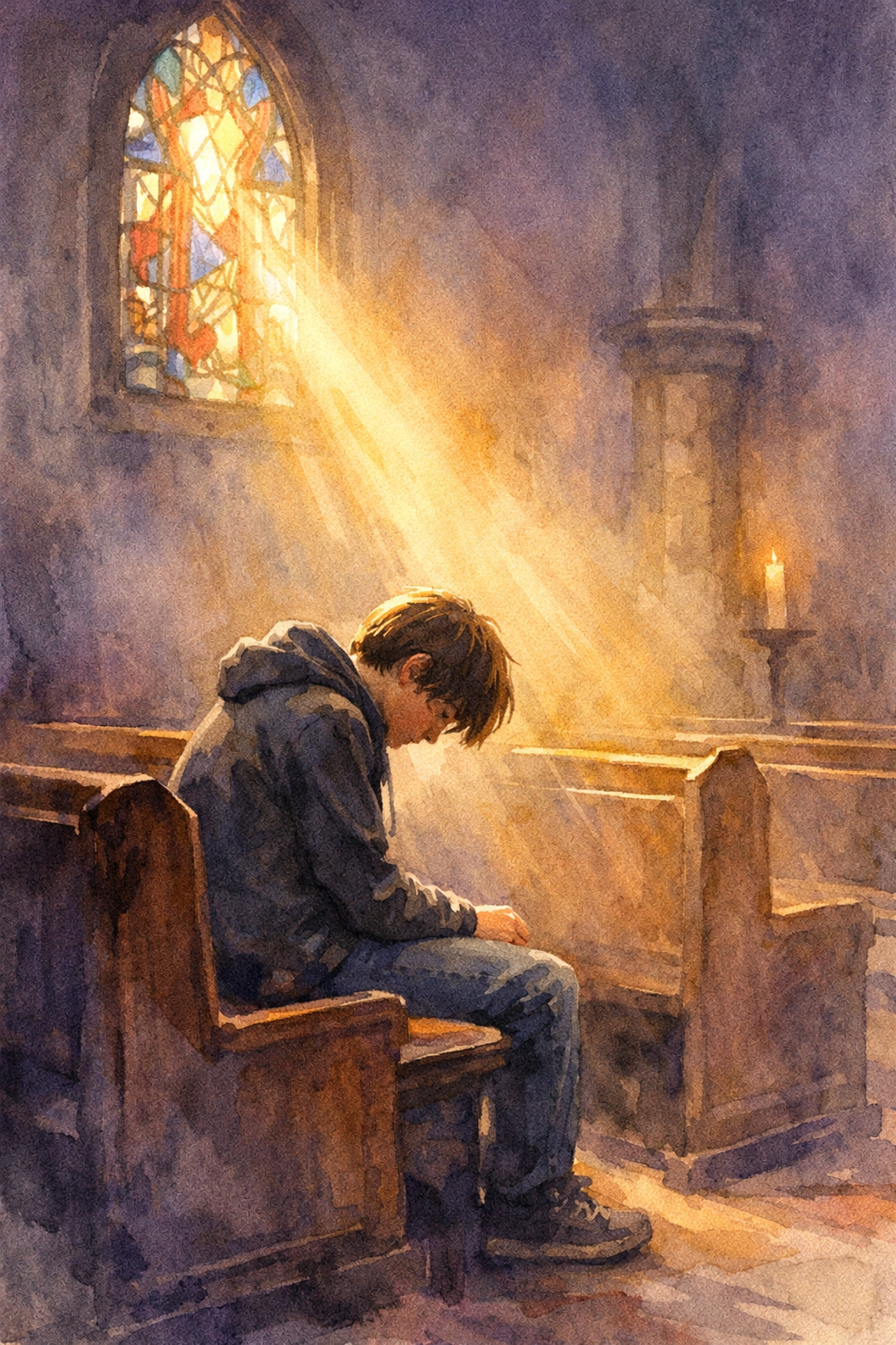 Christian teenager praying alone in church seeking authentic faith and emotional support