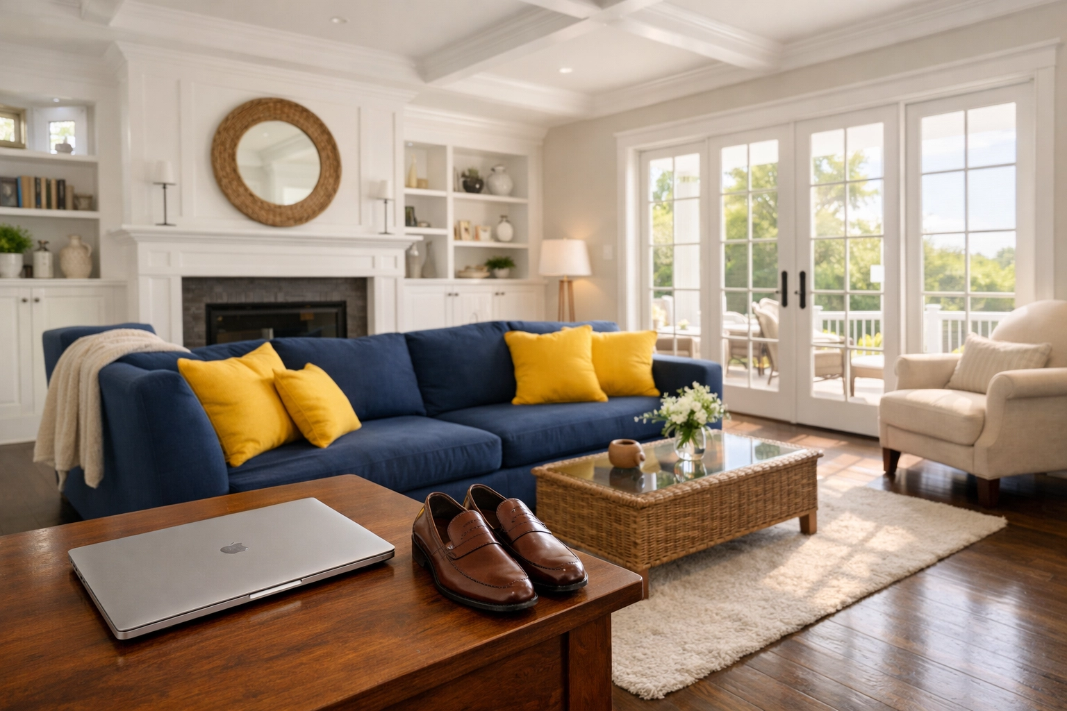 Clean modern living room in Stow MA representing a professional home sanctuary after residential cleaning.