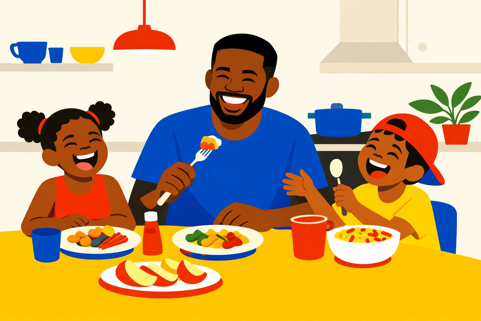 A father and children enjoying a stress-free dinner together after using simple family meal planning tips.